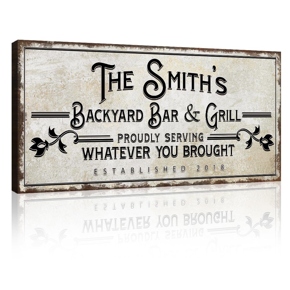 Custom Canvas Bar Sign - Personalized Backyard Bar & Grill Decor - Rustic Flower Wall Art 60x30in - Perfect for Man Cave, Kitchen, Pub & Diner - Great for Parties, Home Decor & Gifts