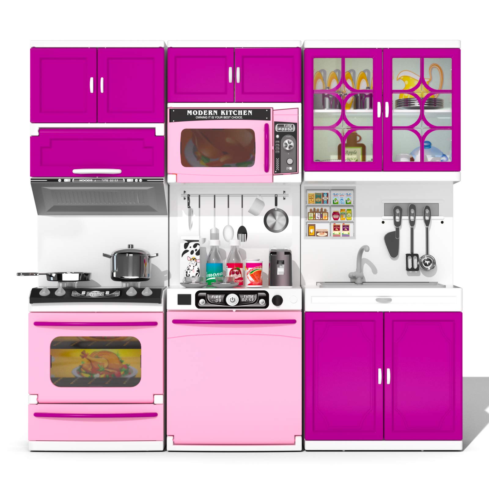 TEMI 56-Piece Pink Kids Kitchen Playset with Lights & Sounds - 5-in-1 Mini Toy Kitchen for Girls Ages 3-6, Compatible with 11-12 Inch Dolls - Pretend Play, Birthday Gift & Role-Playing Fun