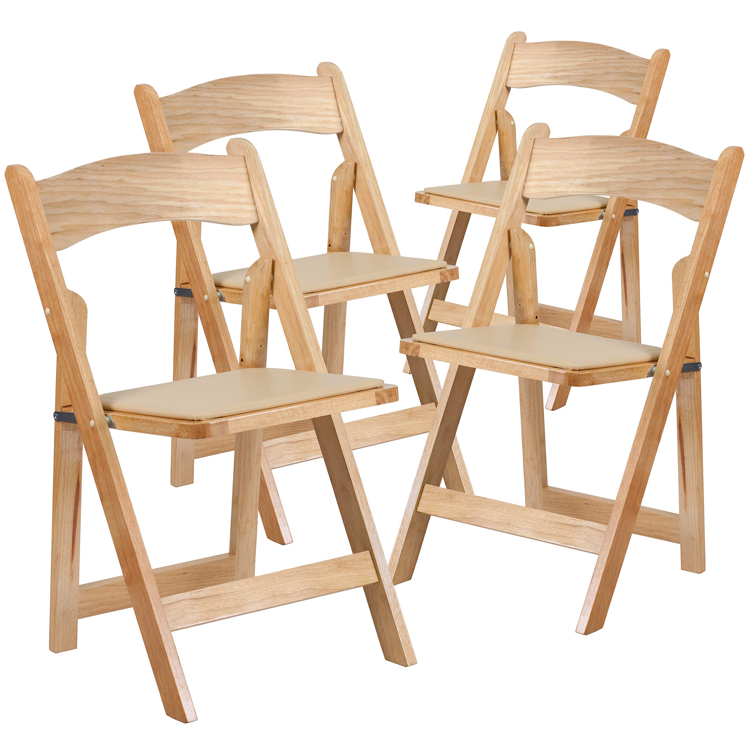 4 Pack Natural Wood Folding Chairs with Vinyl Padded Seat - Sturdy & Comfortable Portable Chairs for Outdoor Events, Weddings, Picnics & Home Use