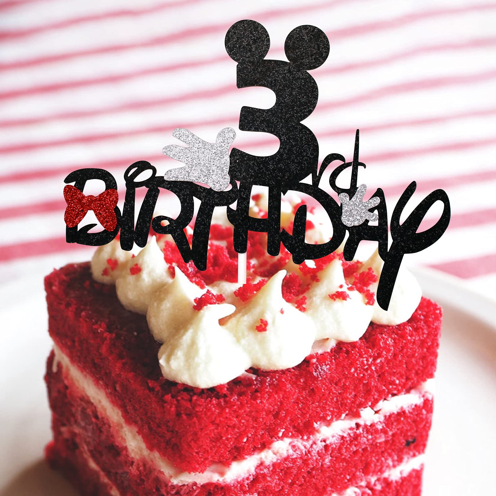 Cartoon Mouse 3rd Birthday Cake Topper - Black Glitter 3 Years Old Cake Decor with Bows & White Gloves - Perfect for Birthday Party Decorations, Baby Showers & Themed Celebrations