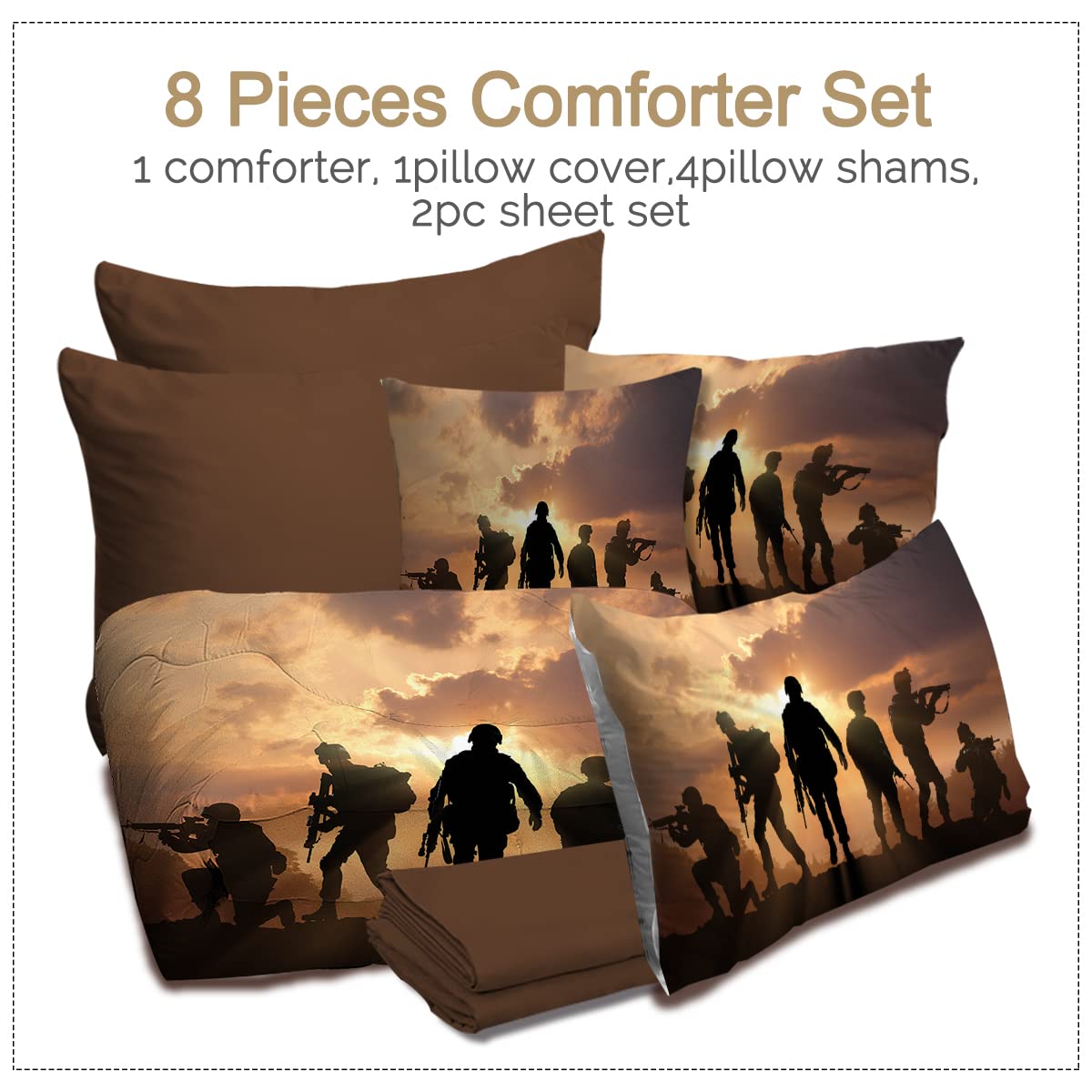 BlessLiving Soldier Comforter Set - 8 Piece Military Themed King Size Bedding Set with Comforter, Sheets, Pillowcases, Shams & Cushion Cover (Orange & Grey) - Perfect for Army Enthusiasts, Military Decor, and War Movie Themed Bedrooms