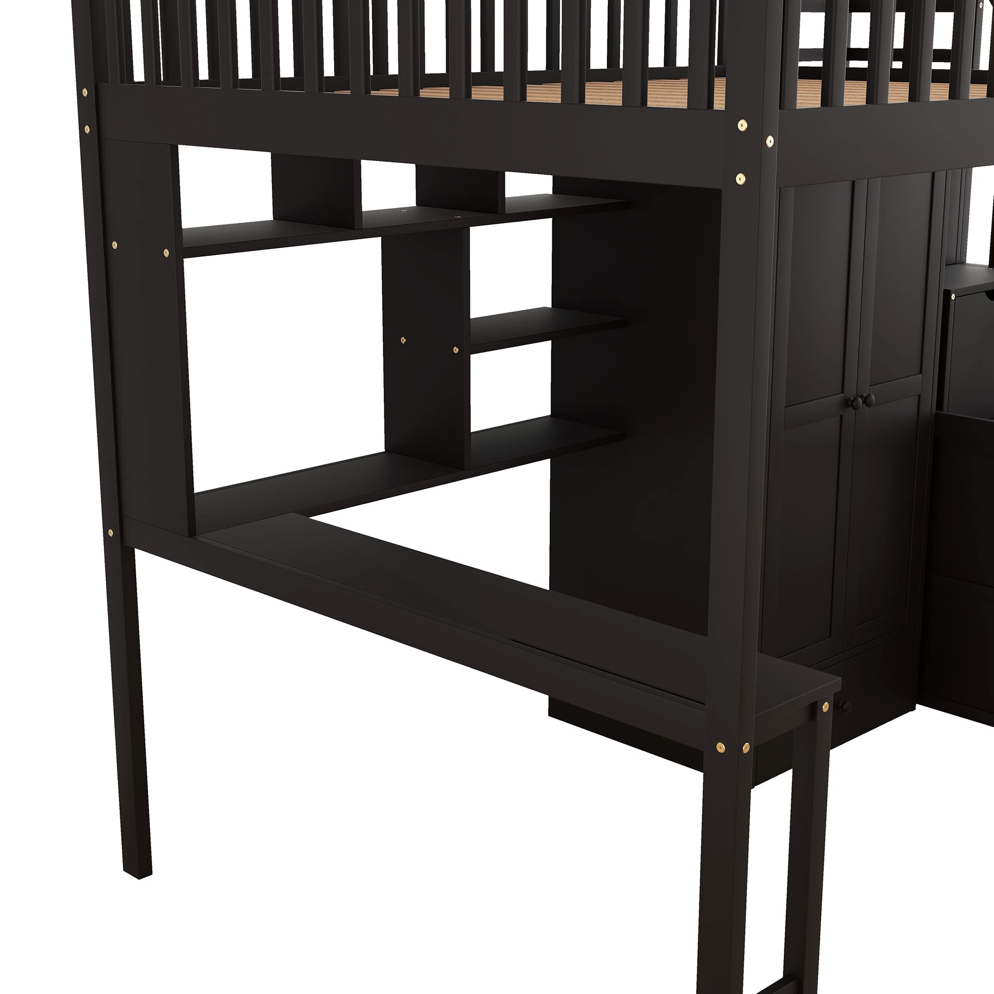 Harper & Bright Designs Full Size Wooden Loft Bed with Stairs, Wardrobe & Desk - Space-Saving Storage Bed with Shelves for Kids, Teens & Small Rooms - Perfect for Dorm, Bedroom or Studio Apartment
