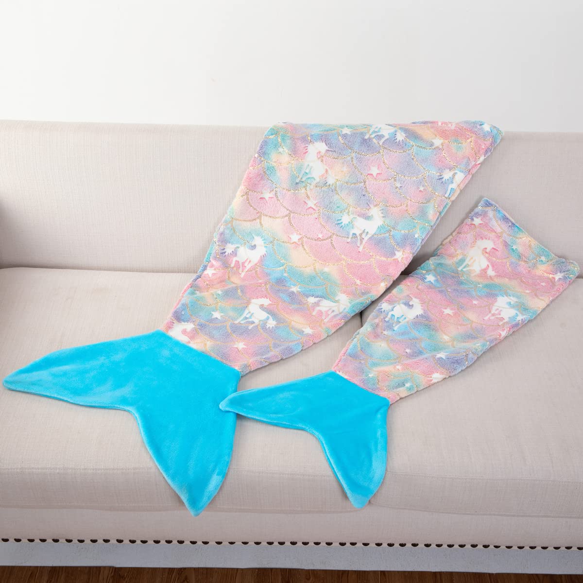 Glow in The Dark Mermaid Tail Blanket - Super Soft Unicorn Luminous Tie Dye Blanket for Toddler Girls, Kids Birthday Christmas Halloween Gift - Perfect for Sleepovers, Movie Nights & Fantasy Play
