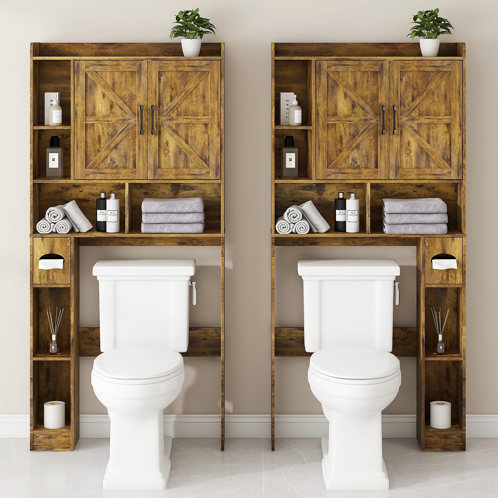 Farmhouse Over The Toilet Storage Cabinet with 2 Barn Doors & Toilet Paper Holder - Space-Saving Bathroom Organizer for Restroom, Laundry, and Small Spaces - Perfect for Towels, Toiletries, and Decorative Storage