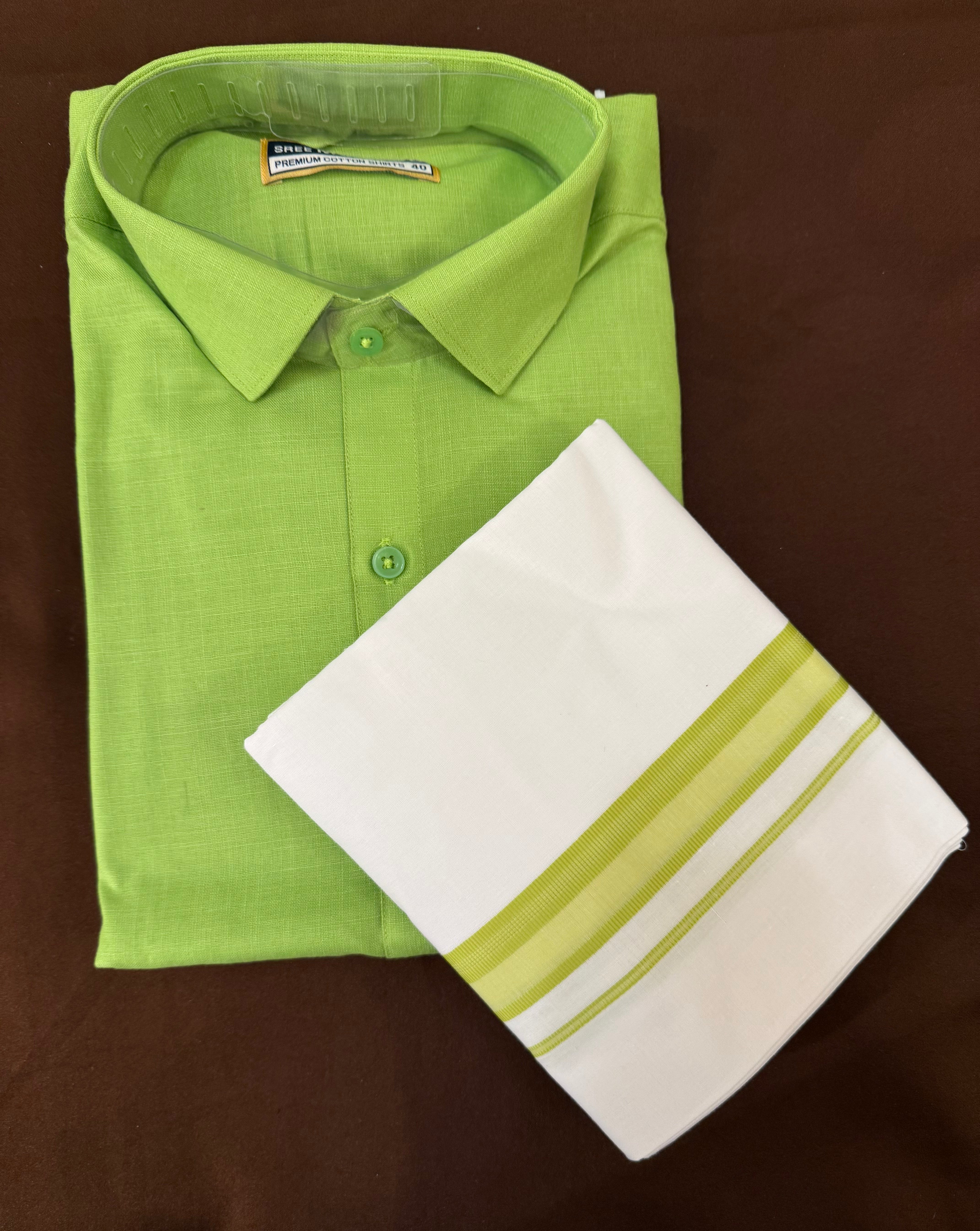 Stylish Leaf Green Men's Cotton Shirt with Embroidered Border & Matching Dhoti Set - Perfect for Indian Weddings, Festivals and Cultural Events
