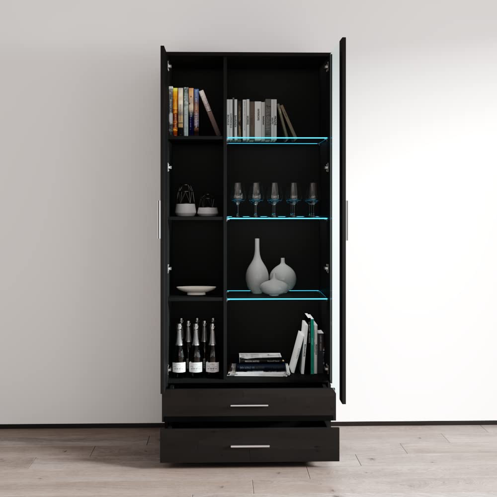 Modern Soho S6 2D2S Freestanding Bookcase - Adjustable LED Lighting Wooden Bookshelf with Mirror Cabinet - Black - Stylish Home Office & Living Room Storage Solution