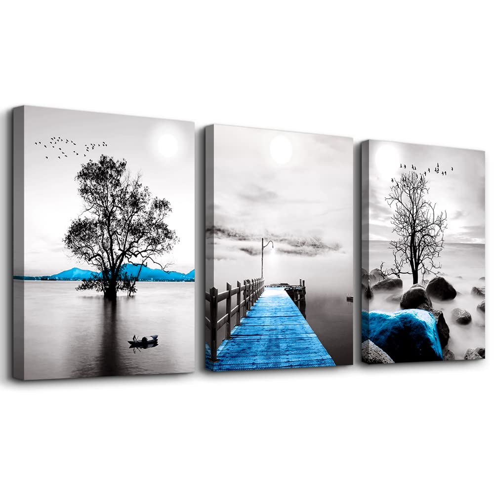 Modern Black and White Ocean Landscape Canvas Wall Art - 3 Piece Framed Wall Decor for Living Room, Bedroom, Office & Bathroom | Coastal Home Decor & Relaxing Beach-Themed Interior Design