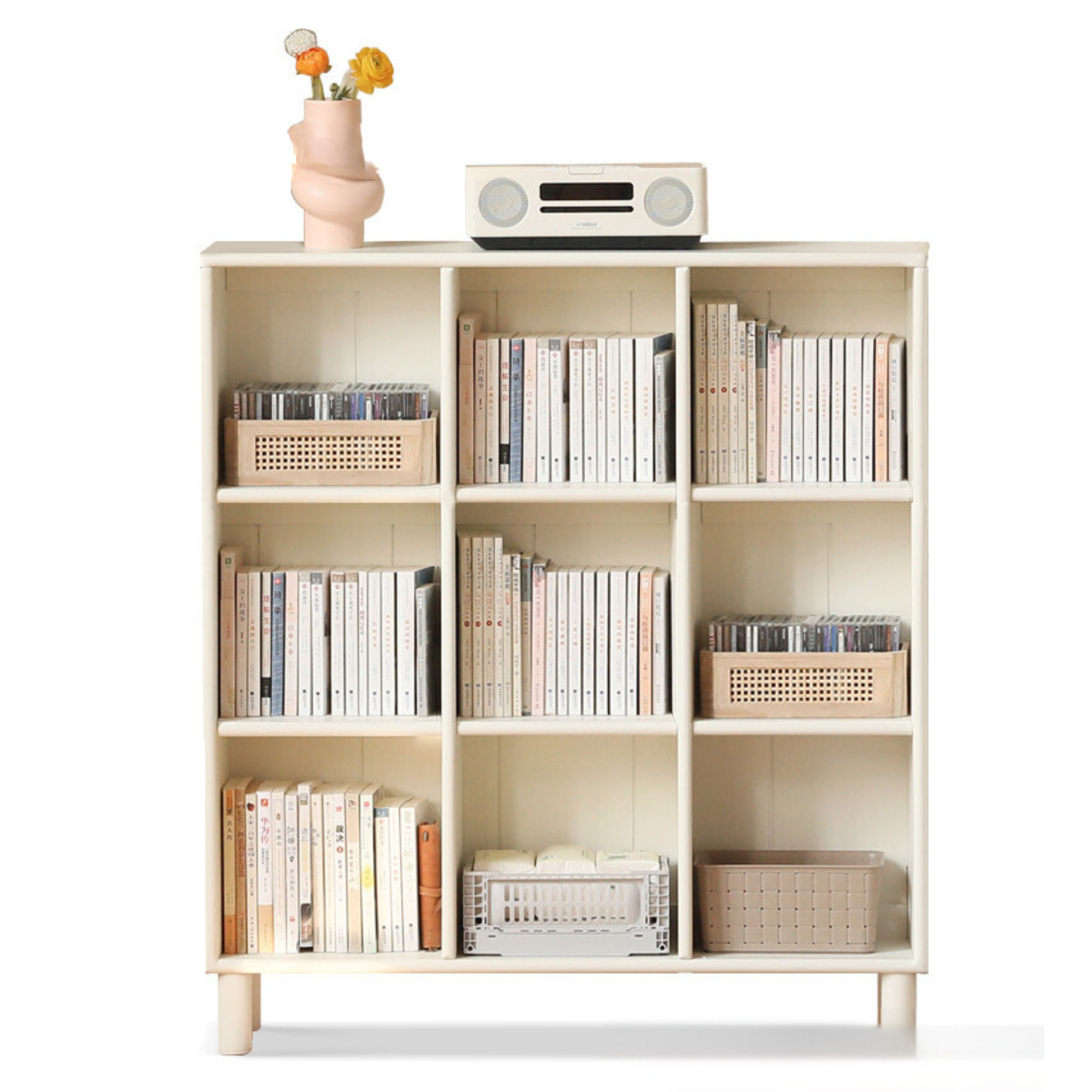Poplar Solid Wood Bookcase - Free Combination Cream Style Bookshelf for Living Room, Bedroom & Office Storage