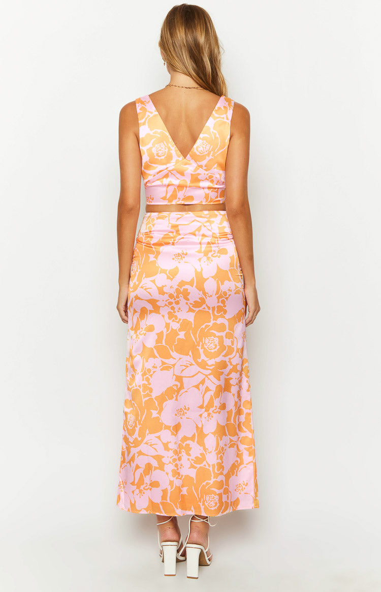 Dahlia Orange and Pink Floral Print Maxi Skirt for Women - Boho Summer Beach Dress with Pockets - Perfect for Vacations, Parties & Casual Outings