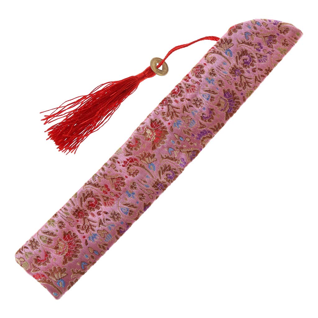QUQUTWO Silk Folding Chinese Hand Fan Bag with Tassel - Dustproof Holder Protector Pouch Case for Vintage Style Pink Fan - Perfect for Weddings, Cosplay & Traditional Chinese Events