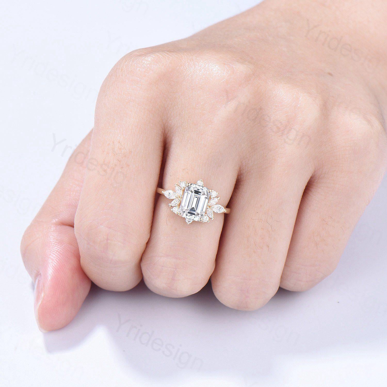 Custom Halo Emerald Cut Moissanite Engagement Ring 14K Yellow Gold - Cluster Marquise Moissanite Wedding Band - Unique Anniversary & Promise Gift for Her - Perfect for Proposals, Weddings & Romantic Occasions