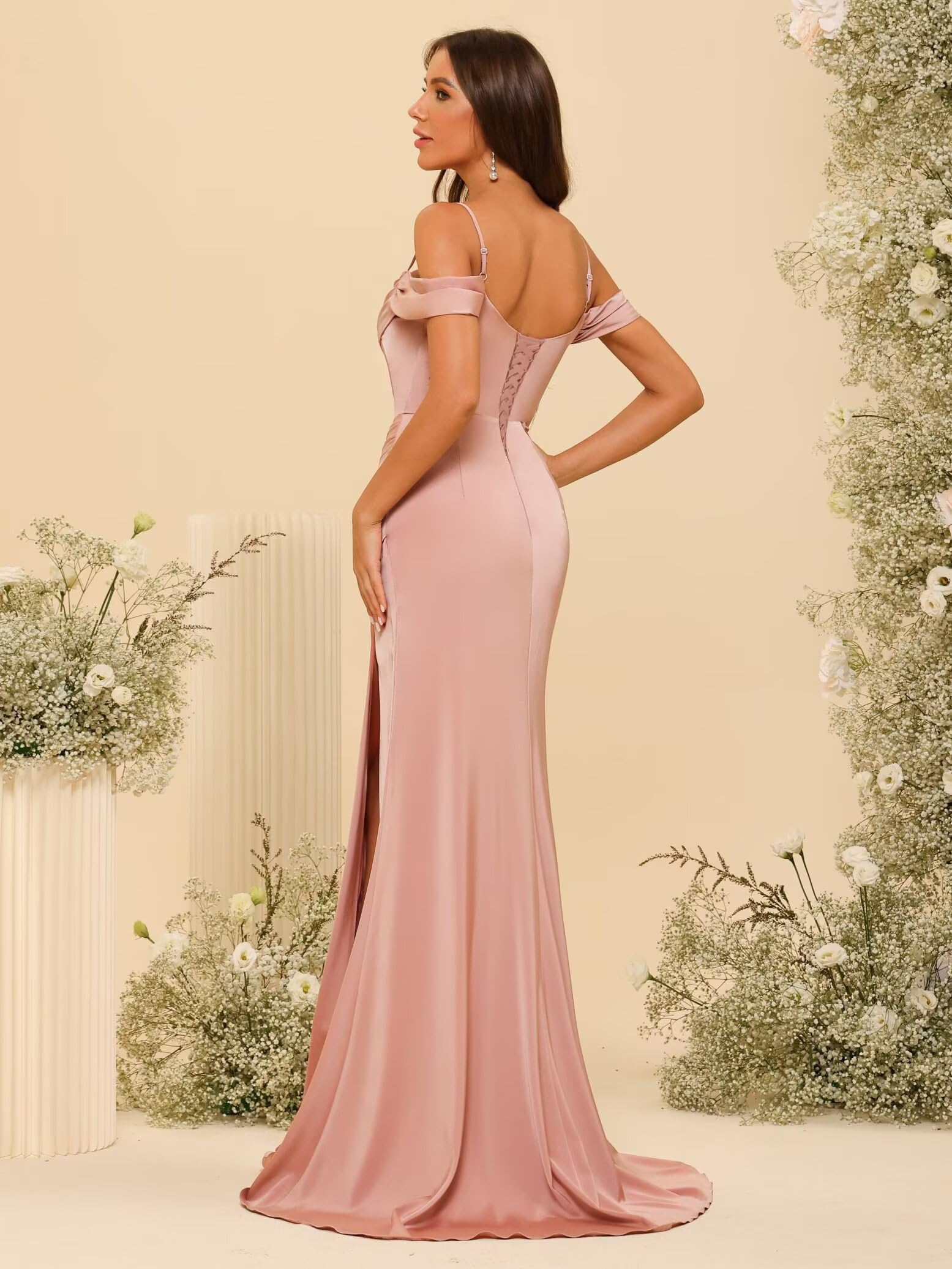 Elegant Burgundy Satin Cold Shoulder Prom Dress with Slit & Cowl Neck - Pleated Mermaid Long Formal Gown for Women (US Size 4) | Perfect for Bridesmaids, Evening Galas, and Special Occasions