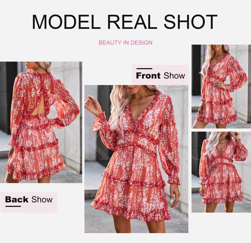 Dokotoo Women's Deep V Neck Long Sleeve Backless Ruffle Floral Mini Dress - Spring Summer 2025 Fashion, Party, Date Night, Cocktail, Vacation Outfit