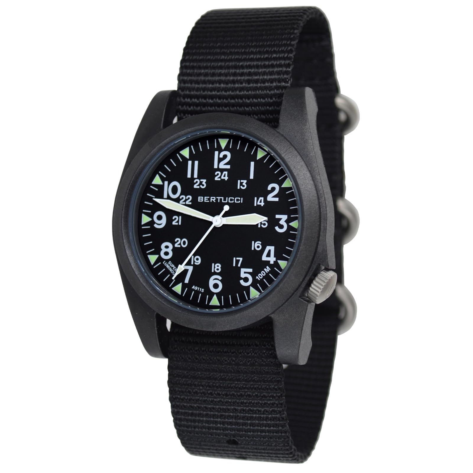 Bertucci A-3P Sportsman Watch - Black Nylon Band Swiss Super Luminous Field Watch for Men | Classic American Military Style with Date Window | Perfect for Outdoor Adventures, Hiking, Camping & Everyday Wear | Model 13350