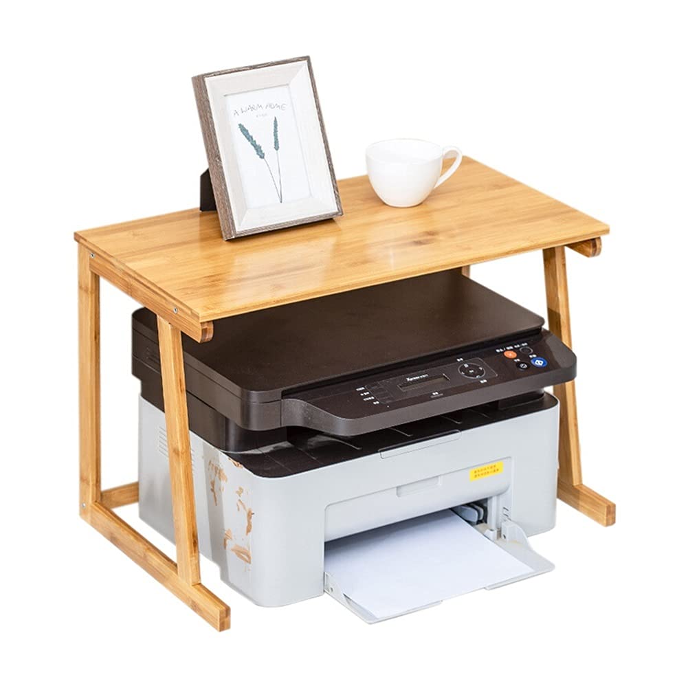 JKXWX Wooden Desktop Printer Stand - Multi-Purpose Office Organizer for Fax Machine, Scanner & Files - Rustic Brown & Yellow - Perfect for Home Office & Workspace Organization