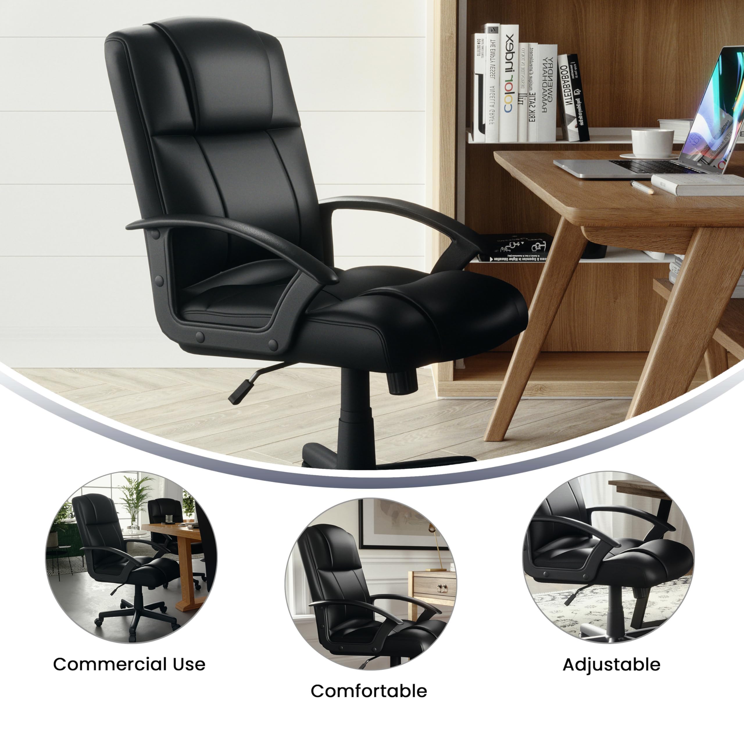 Ergonomic Mid-Back Black Leather Office Chair with Soft Padded Seat & Adjustable Arms - Perfect for Home Office, Gaming & Workspace Comfort