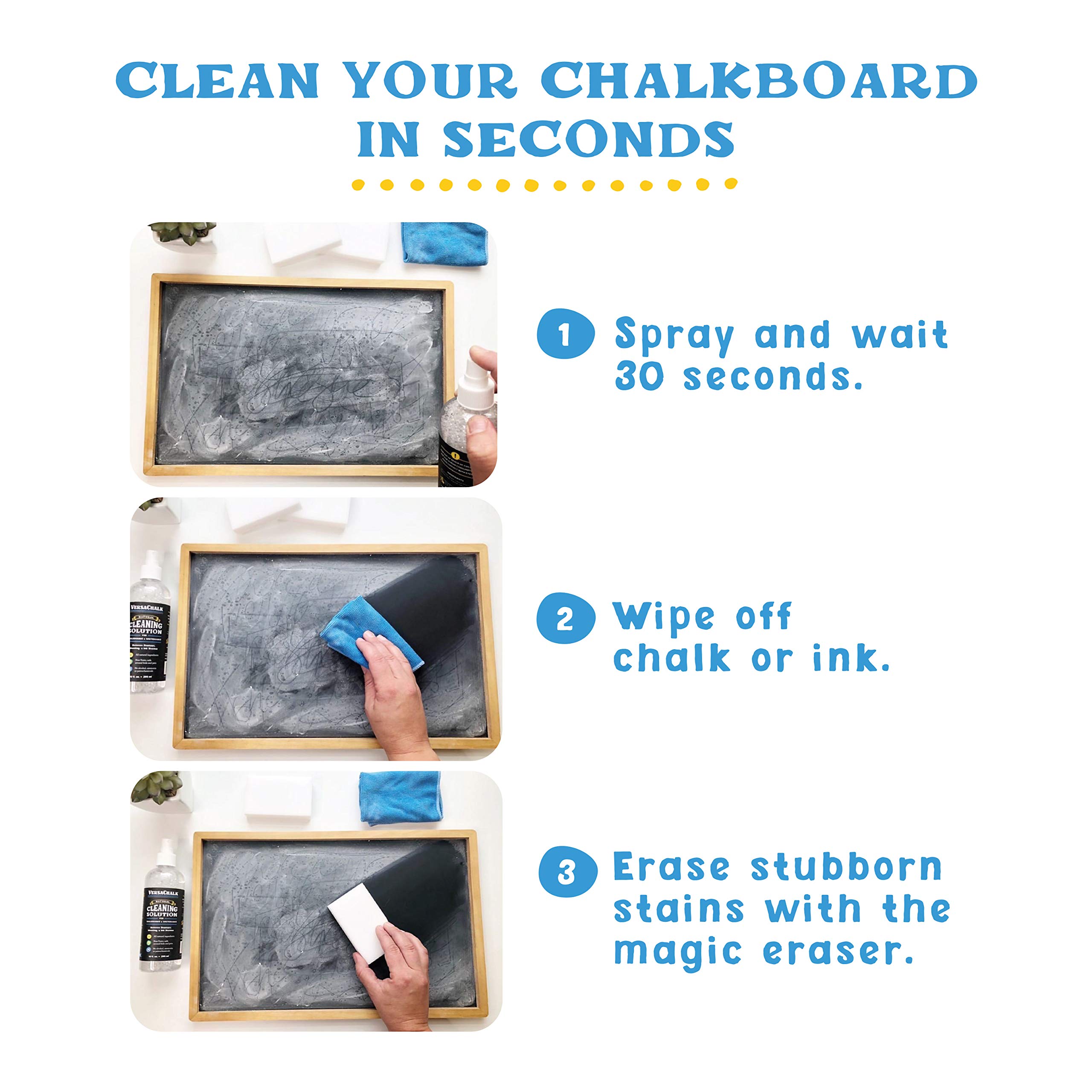 VersaChalk 100% Natural Chalkboard Cleaner Spray & Eraser Kit (30 mL) - Remove Liquid Chalk Marker from Chalkboard, Whiteboard & Blackboard - Perfect for Restaurants, Classrooms & Office Signs