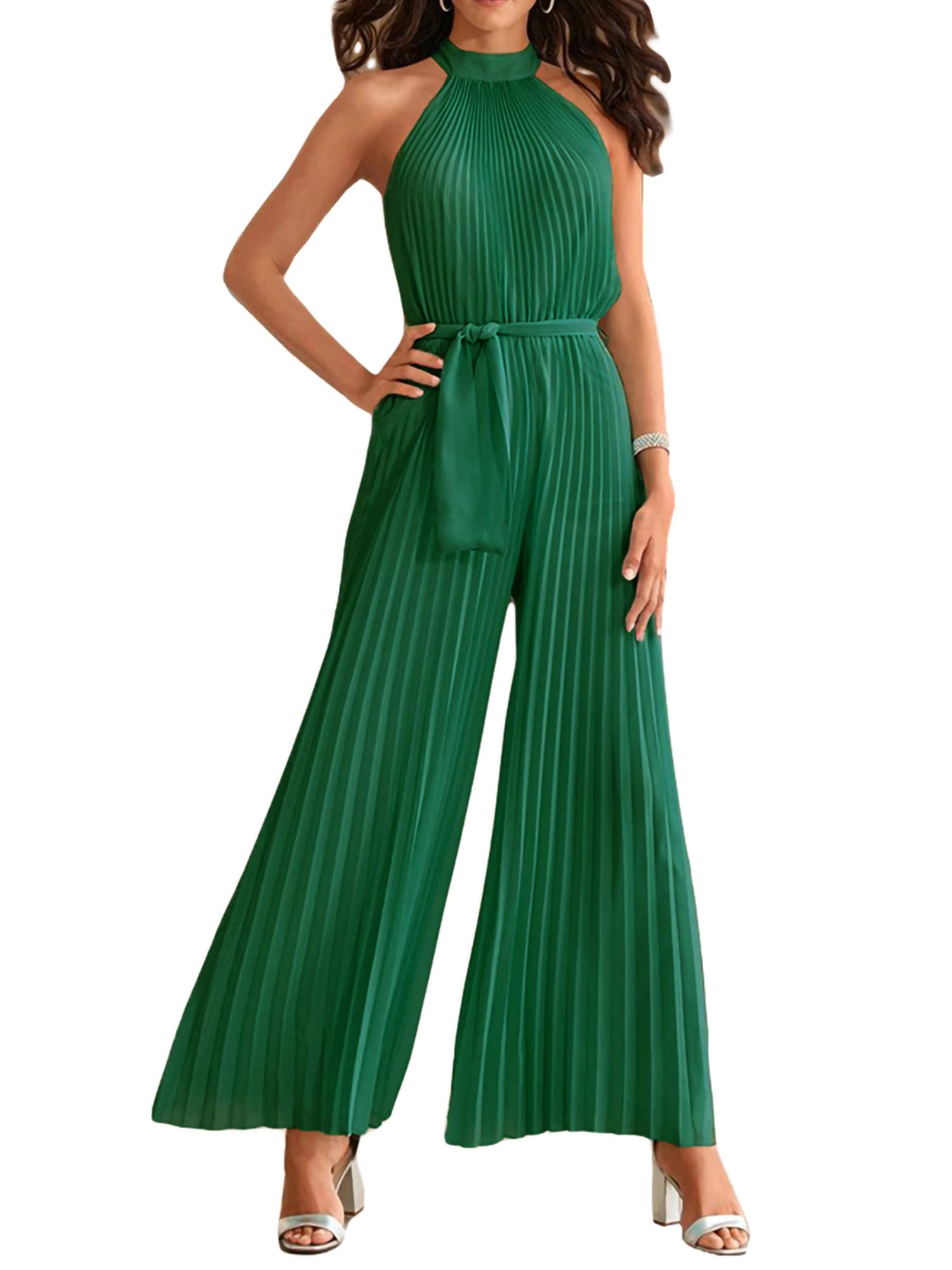 Women's Halter Neck Sleeveless Jumpsuit - Solid Color Pleated High Waist Wide Leg Romper with Adjustable Belt | Summer Beach Wear, Casual Outfit, Party Dress, Vacation Clothing