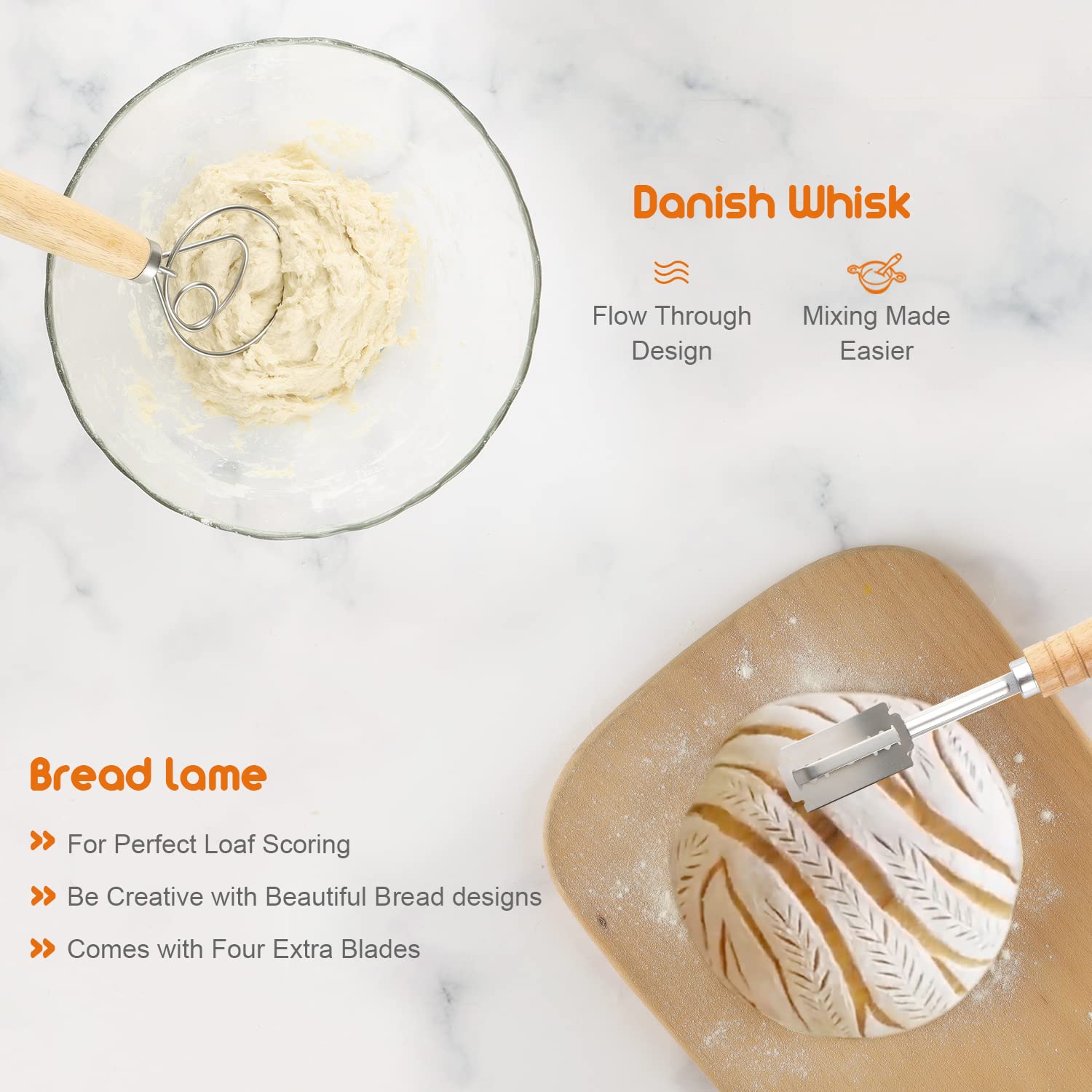 Bakingo Sourdough Bread Making Kit - 10 Inch Natural Rattan Banneton, Bread Lame, Dough Scraper, Proofing Basket, Measuring Mat & Danish Whisk | Perfect for Artisan Bread Baking, Homemade Sourdough Starter & Professional Proofing