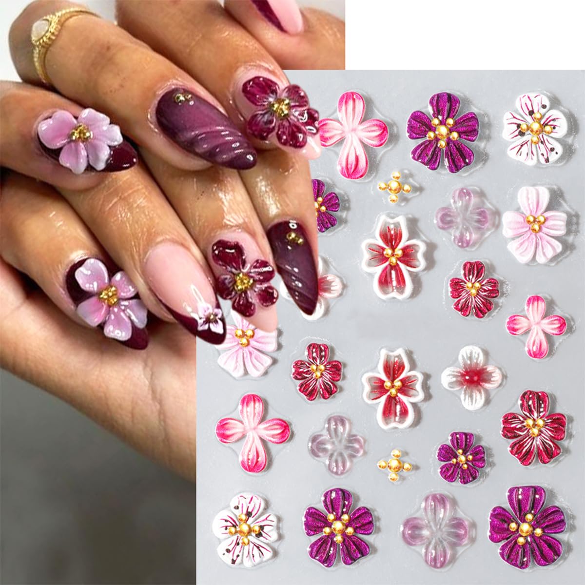 5D Embossed Hibiscus Flower Nail Art Stickers with Gold Beads - Self-Adhesive Floral Nail Decals for Women & Girls (2 Sheets) - Perfect for Autumn Manicures, Bridal Nails, and Special Occasion Nail Art