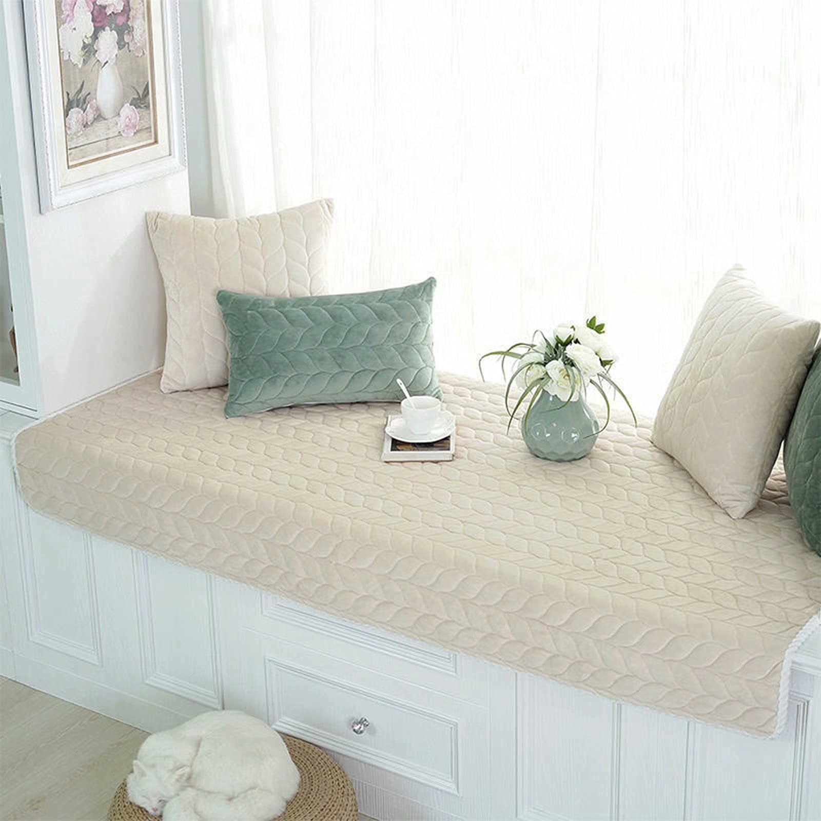 Non-Slip Bay Window Cushion 35×71 Inches - Beige Sofa Slipcover for Living Room, Sectional Couch Cover, Bedroom Floor Seating Pad, Tatami Mat - Perfect for Reading Nooks, Sunroom Relaxation & Cozy Home Decor