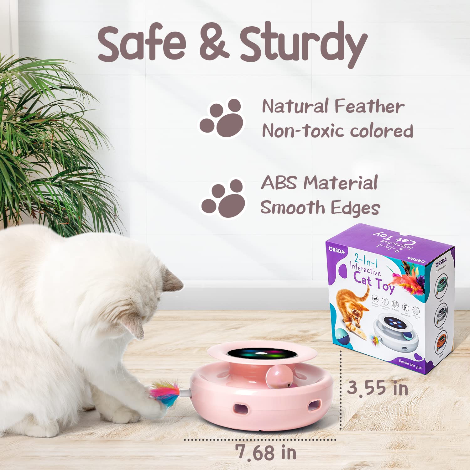 ORSDA 2-in-1 Interactive Cat Toys for Indoor Cats - Automatic Rolling Ball & Ambush Feather Toy with 6 Attachments - Dual Power Supply & Auto On/Off (Upgraded Version) - Perfect for Playtime, Exercise & Bonding with Your Feline Friend