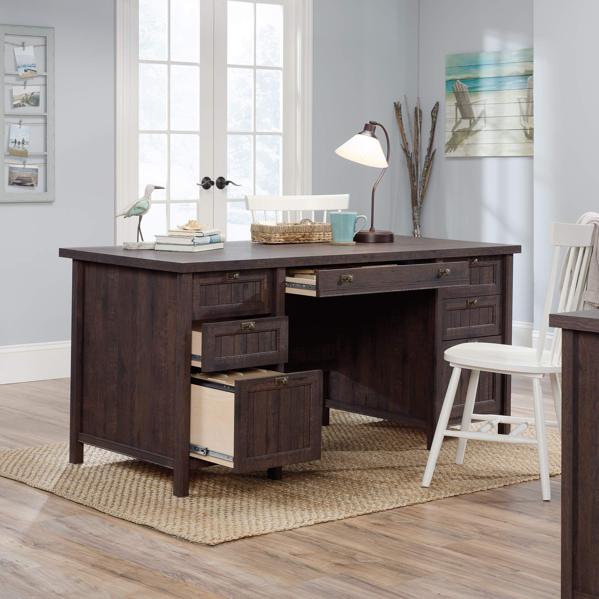 Sauder Costa Executive Office Desk with Drawers & File Storage - Coffee Oak Finish - Perfect for Home Office, Study Room & Professional Workspace