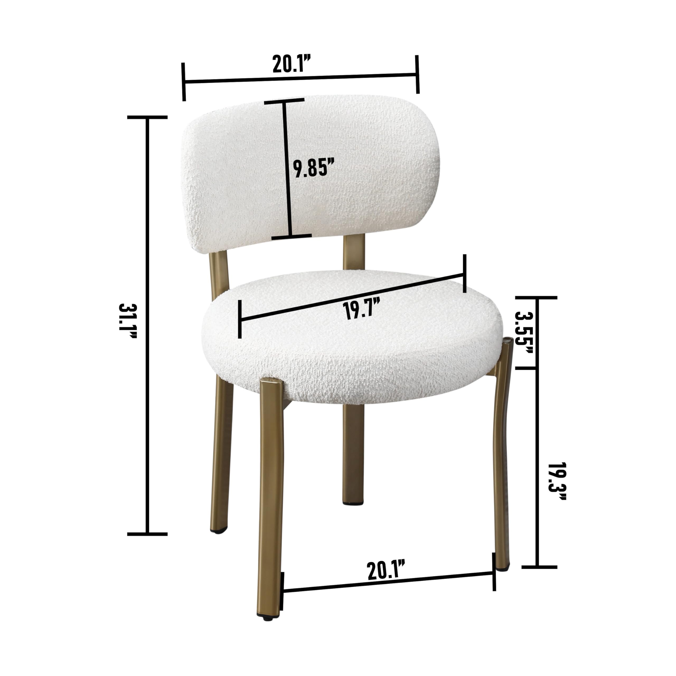 DYHOME Set of 2 White Upholstered Boucle Sherpa Dining Chairs - Mid Century Modern Kitchen Chairs with Gold Metal Legs for Dining Room, Breakfast Nook & Small Space Decor