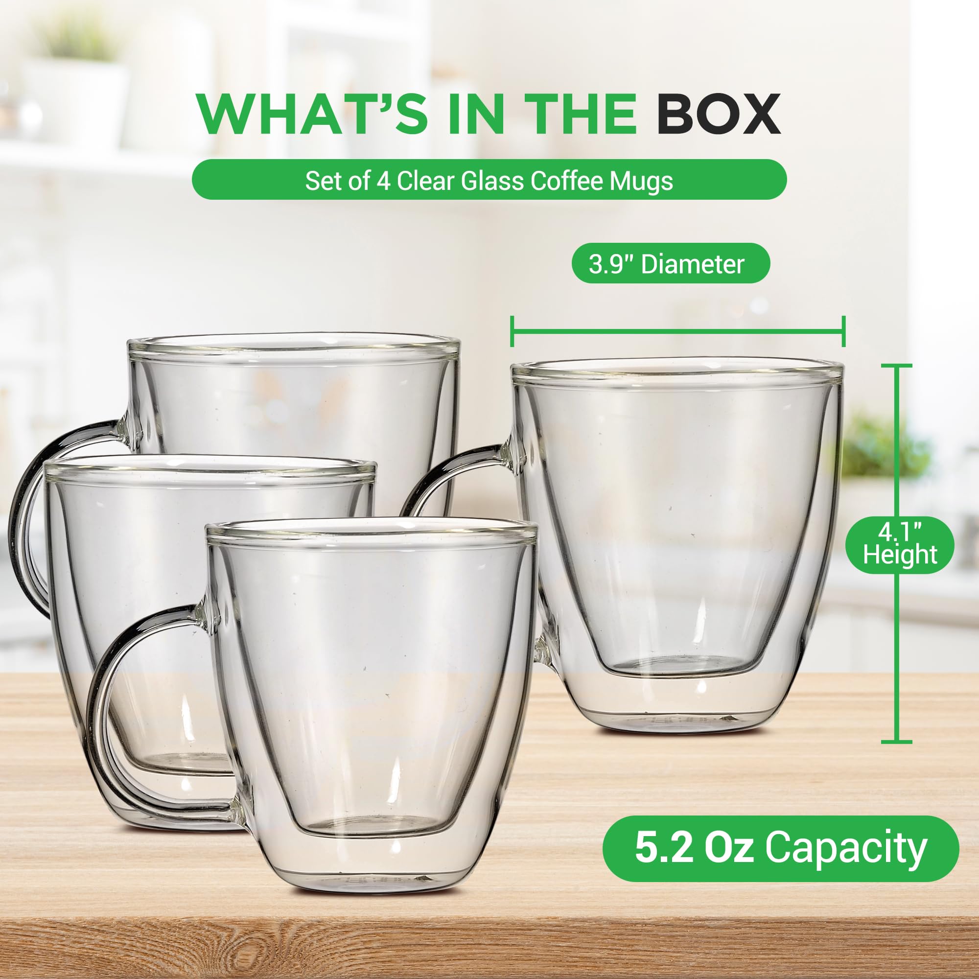NutriChef 4-Pack 5.2 Oz Double Wall Insulated Glass Espresso Cups with Handle - Hot & Cold Drinkware for Coffee, Tea, Cappuccino - Perfect for Home, Office, and Cafe Use