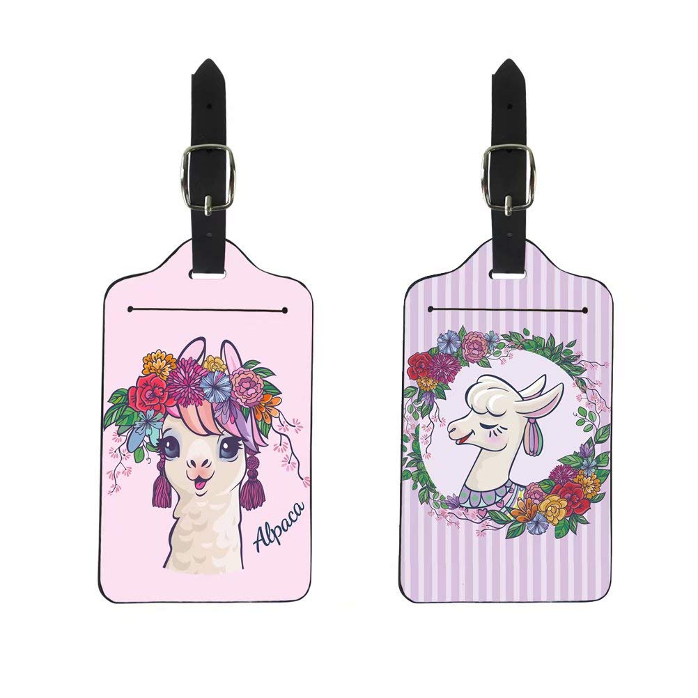 AFPANQZ Bendable Alpaca Flower Luggage Tags - Cute PU Leather Suitcase Labels for Women, Girls & Kids (Pack of 2, Pink & Purple) | Perfect for Travel, School Bags & Suitcase Identification