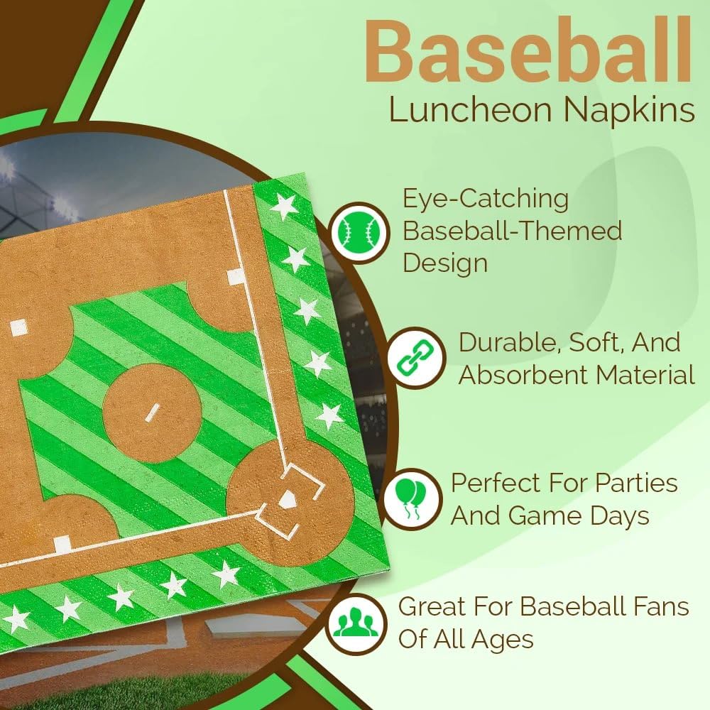 Fun Express Baseball Themed Lunch Napkins - 16 Pack for Sports Parties, Picnics & Game Day Celebrations