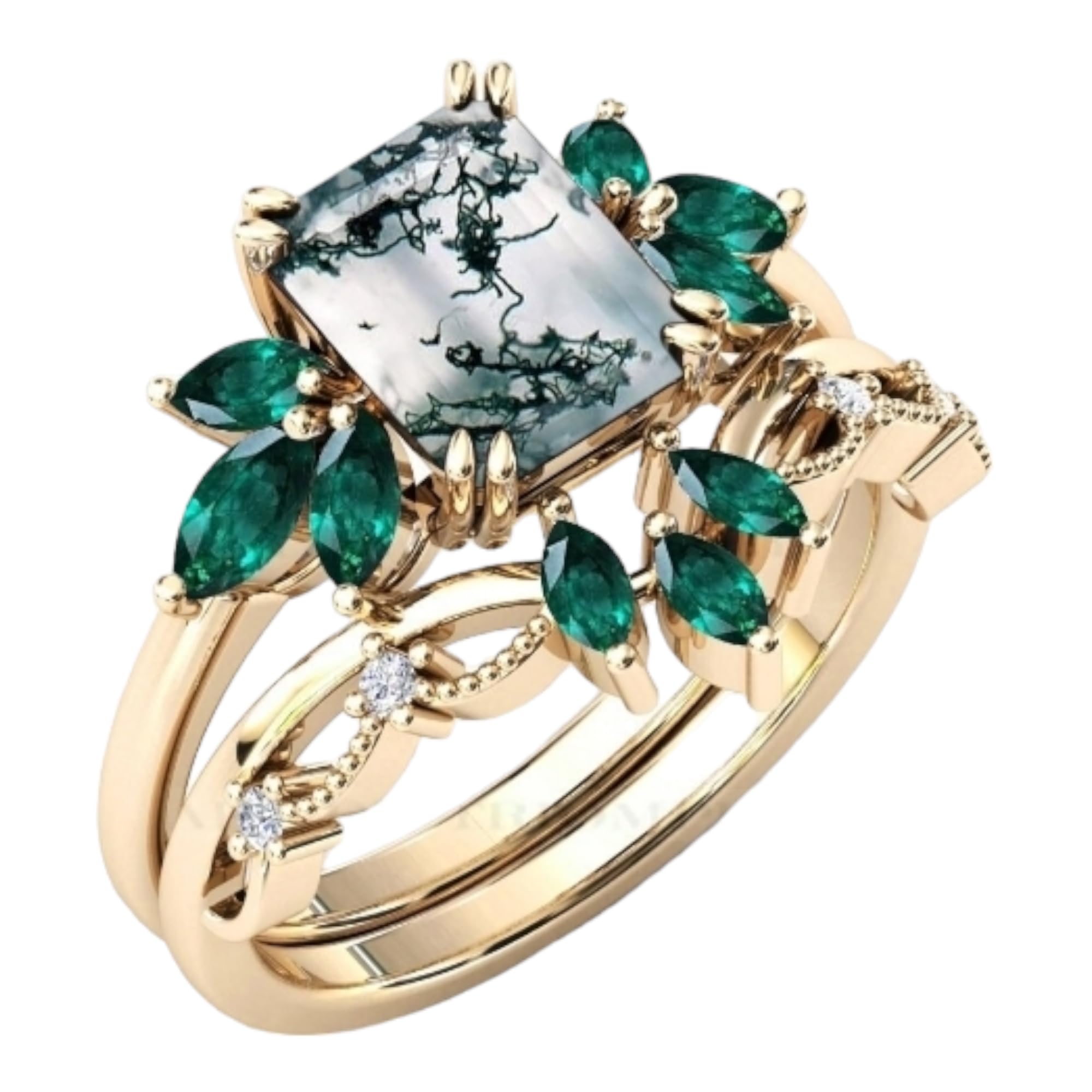 925 Silver Emerald Cut Moss Agate Wedding Ring Set for Women - Anniversary, Engagement & Promise Ring in White Gold Plated (Size 5) | Perfect for Bridal Jewelry, Gift Giving & Special Occasions