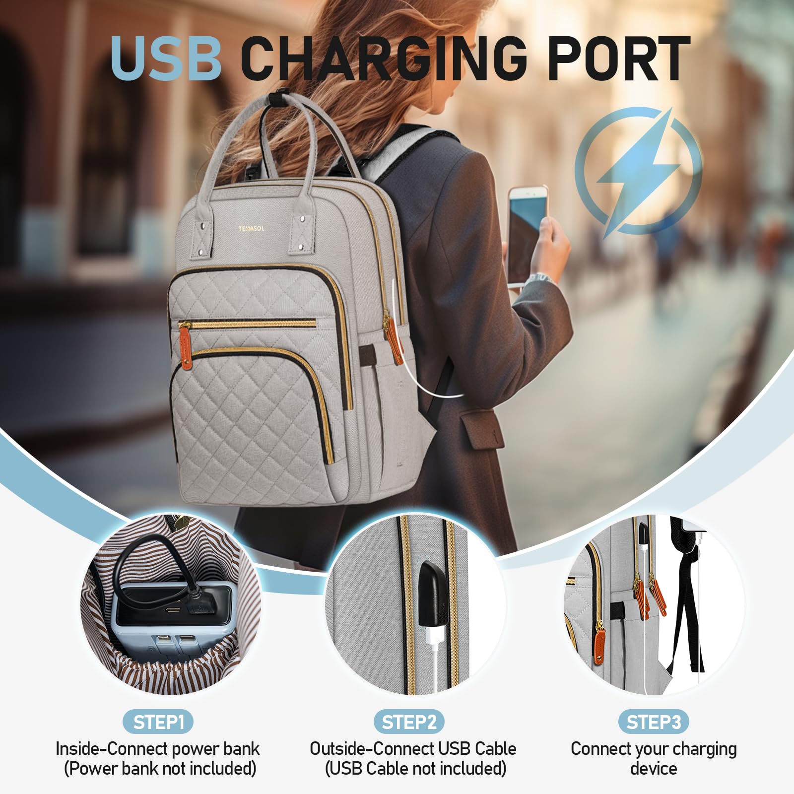Anti-Theft Laptop Backpack for Women - 15.6 Inch USB Charging Travel Backpack, Stylish College & Business Computer Bag for Office, Teacher, Nurse - Perfect for Work, School & Daily Commute (Grey)