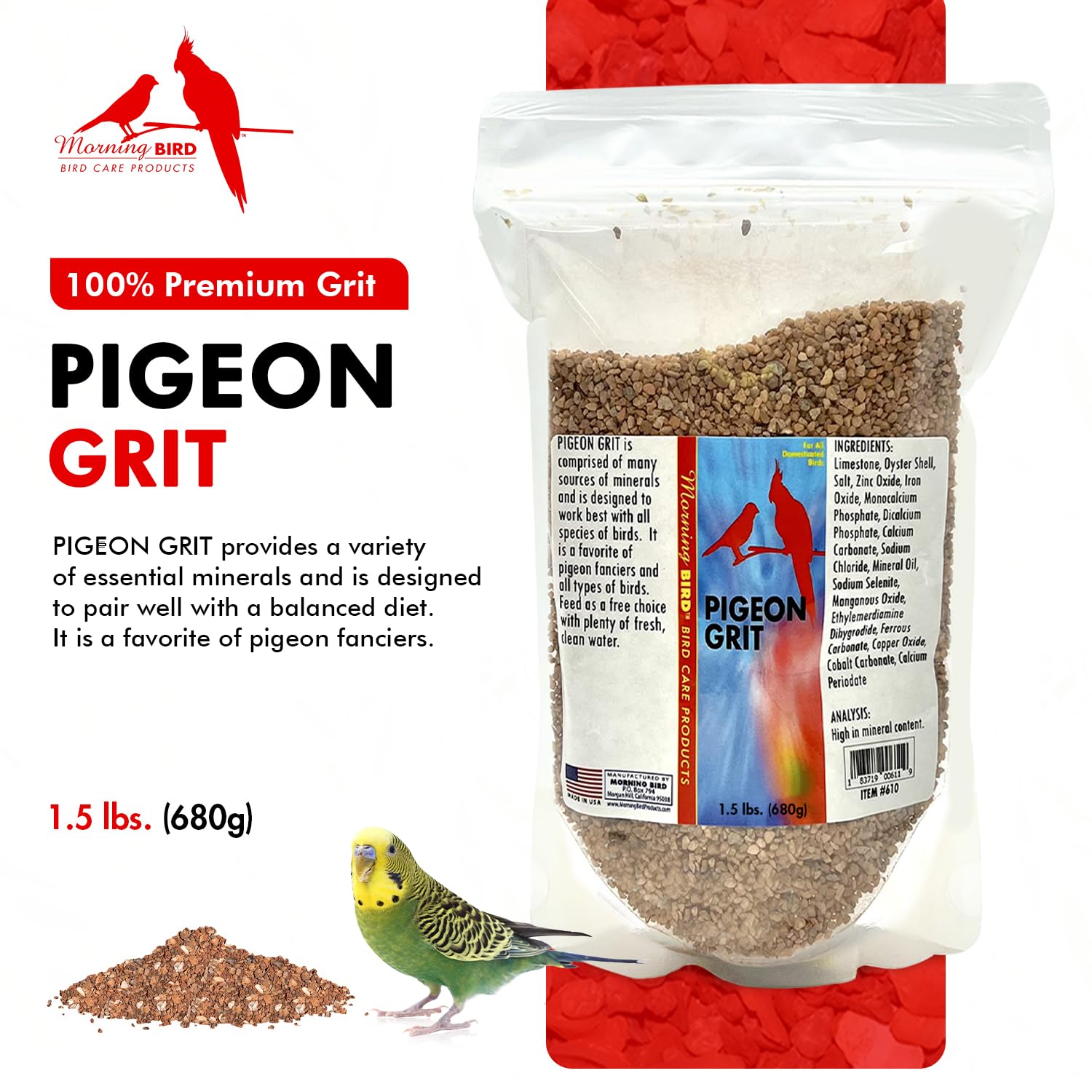 Morning Bird Pigeon Grit - Premium Natural Mineral Supplement for All Bird Species | Supports Strong Muscles & Bones | Easy to Digest Nutritious Bird Food (1.5 lbs) - Ideal for Pigeons, Doves, Parrots & Backyard Birds