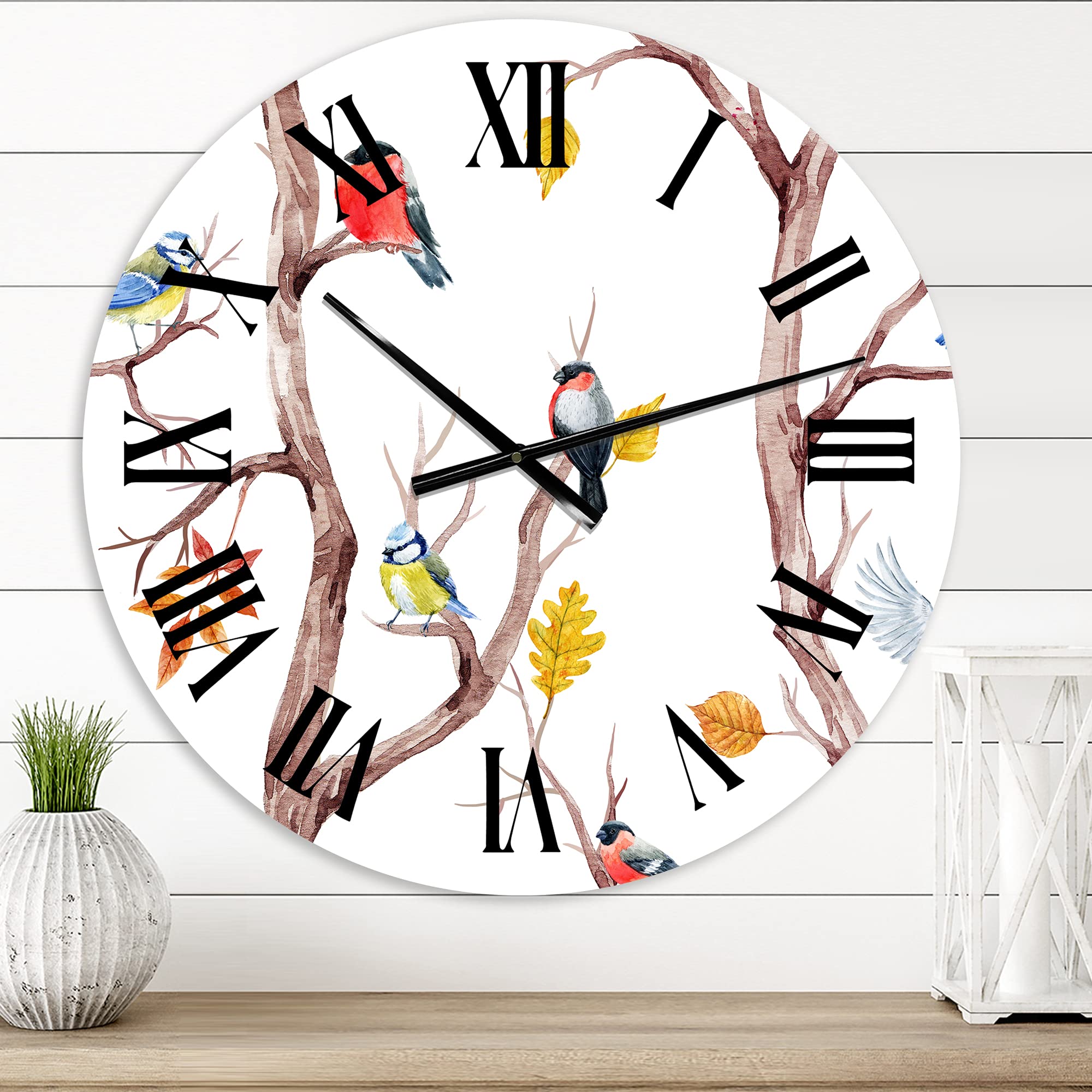 DesignQ Traditional Wall Clock - Fall Trees & Little Birds Decor - Large Silent Non-Ticking Wall Clock for Home, Office, Living Room & Bedroom - Perfect Rustic Farmhouse Decor & Gift Idea