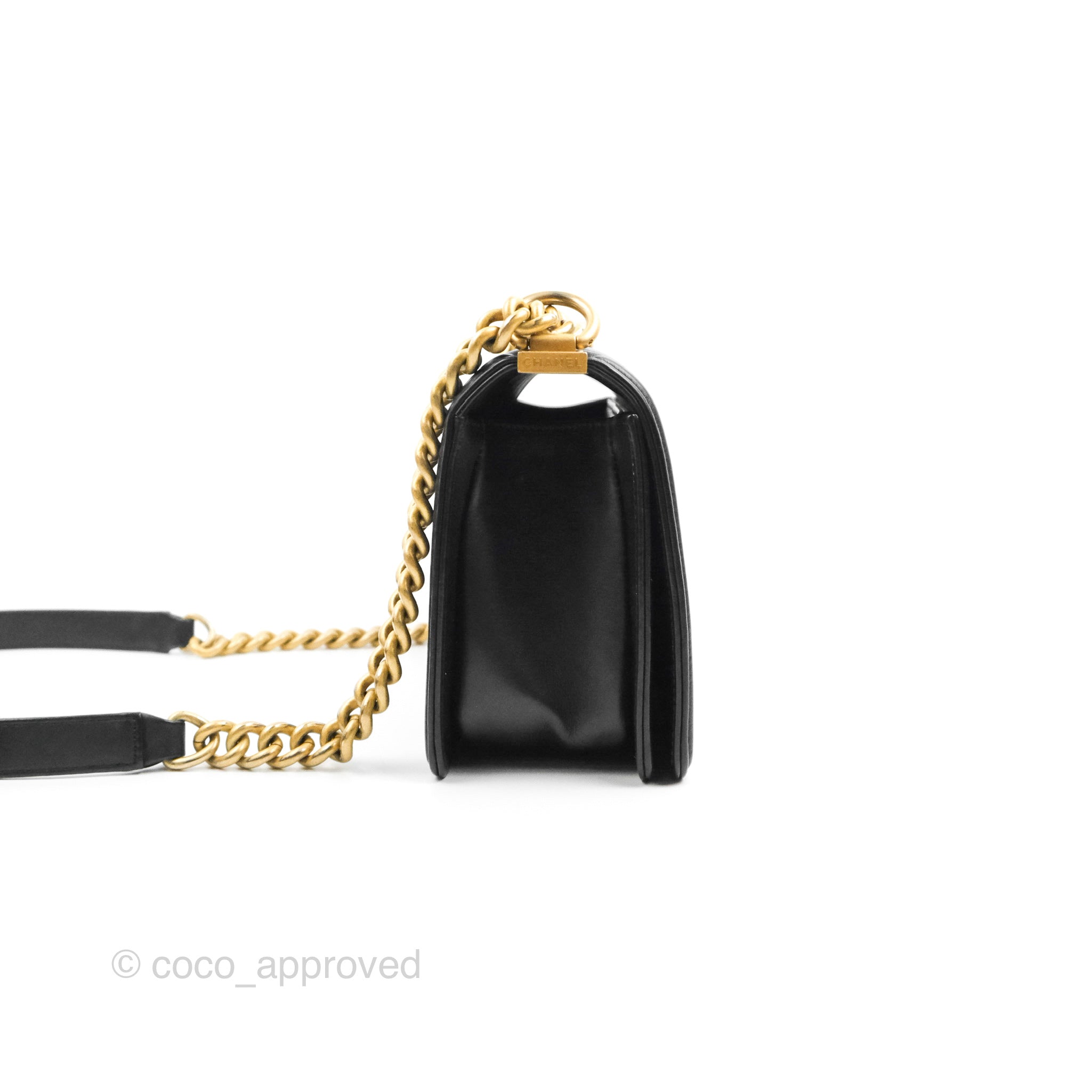 Chanel Chevron Medium Boy Bag in Black Calfskin with Aged Gold Hardware - Luxury Crossbody Purse for Women, Perfect for Evening Events & Date Nights