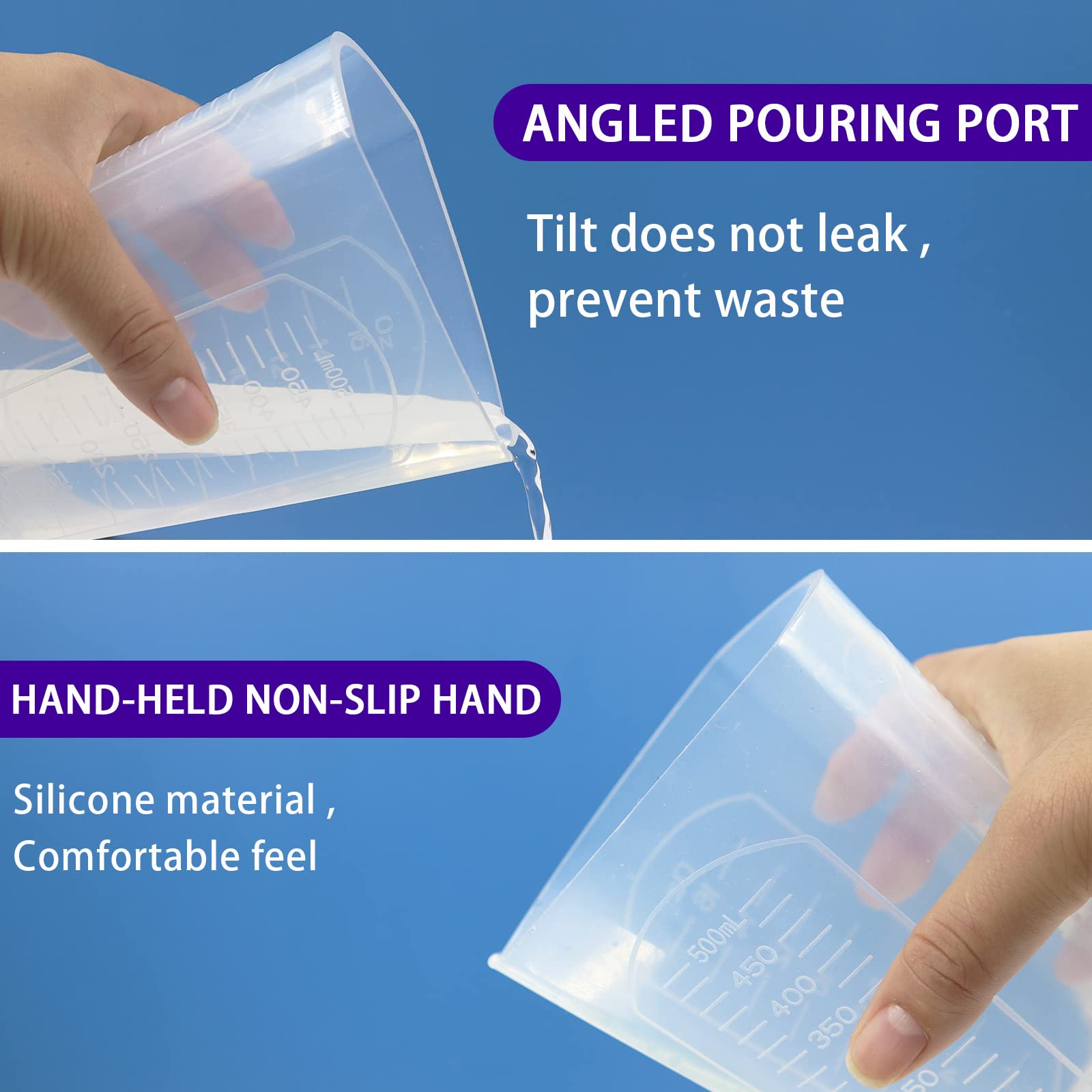 **Premium Silicone Resin Measuring Cups - 500ml Thick Non-Stick Mixing & Pouring Cups with 3 Measurement Units (Ounces, Milliliters, Grams) - Ideal for Epoxy Resin, Art Crafts, Baking & DIY Projects**
