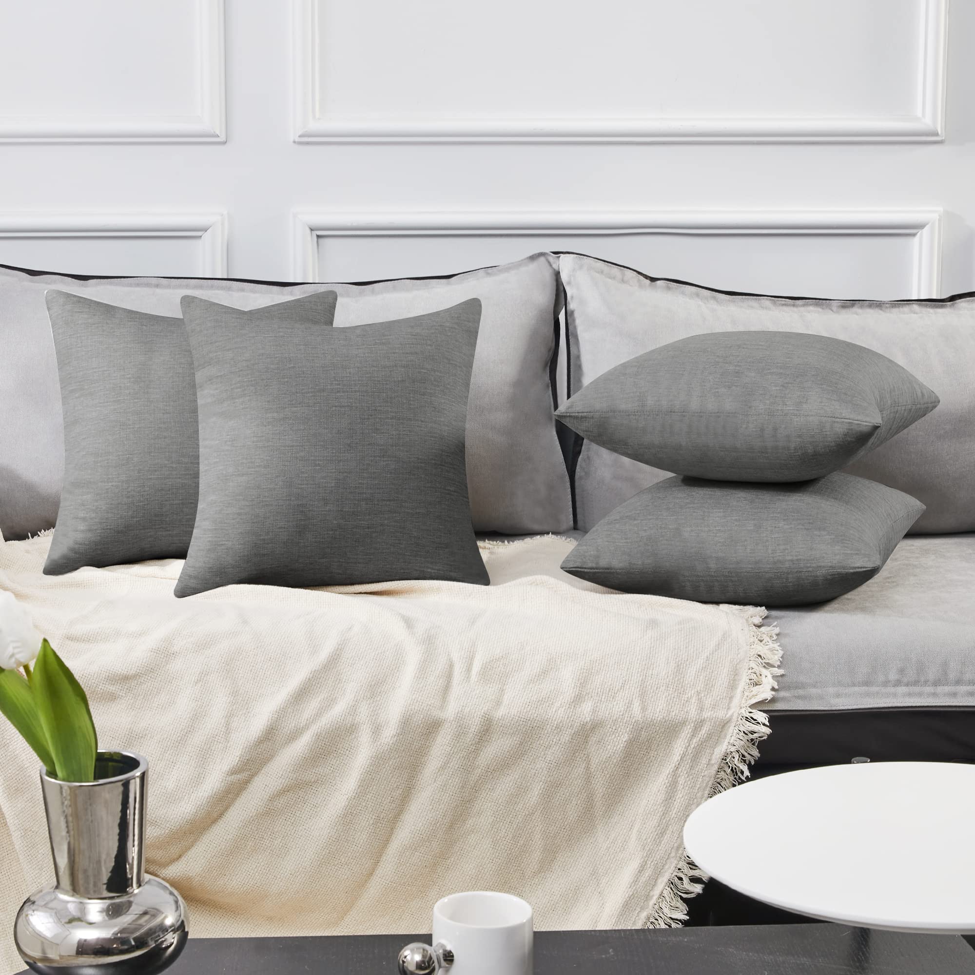 Deconovo 24x24 Inch Faux Linen Sofa Pillow Covers - Set of 4 Grey Cushion Covers with Hidden Zipper (No Insert) - Perfect for Living Room Decor, Home Staging & Cozy Interior Design