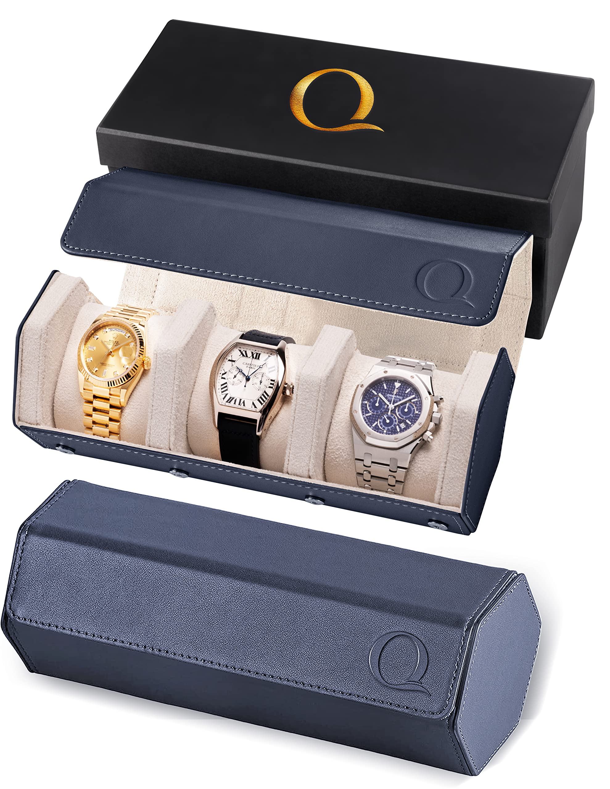 Premium Napa Leather Watch Roll for Men - Hexagon Triple Watch Travel Case Holds 3 Watches - Genuine Leather Storage Organizer with Velvet Lining (Blue/Cream) - Perfect for Travel, Business Trips & Watch Collection Display
