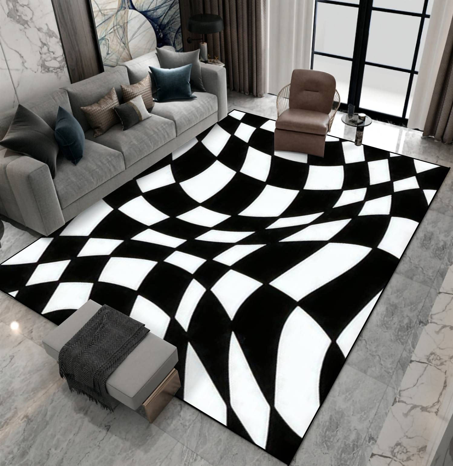 Non-Slip Black and White Checkered Area Rug - Indoor/Outdoor Floor Mat for Living Room, Bedroom, Kids Room - Durable Carpet Runner for Home Decor, Yoga, Patio & Entryway - Perfect for High Traffic Areas and Cozy Spaces