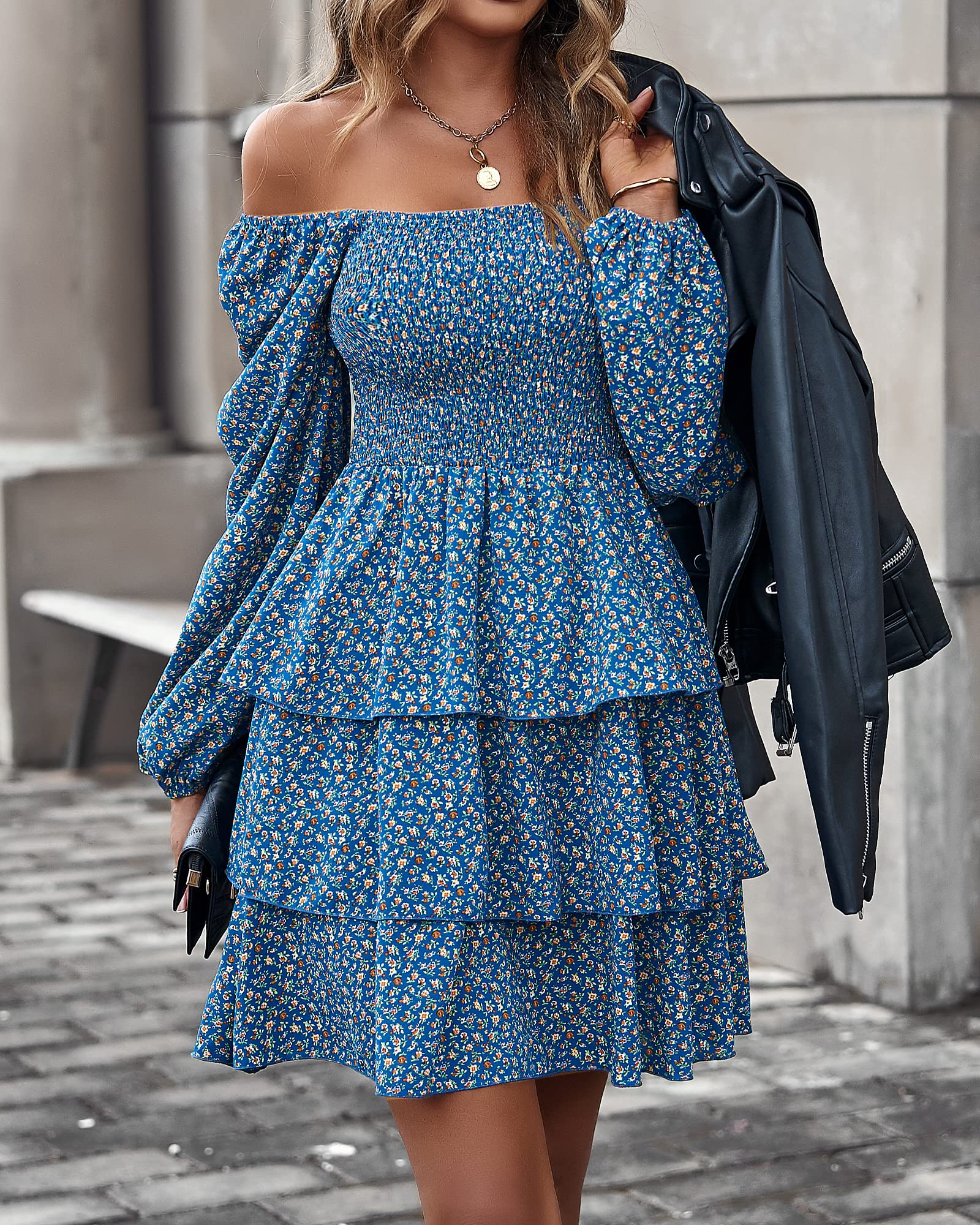 BTFBM Women's Floral Swiss Dot Boho Dress - Square Neck Smocked Long Sleeve Mini Dress for Spring & Summer 2025 | Perfect for Wedding Guest, Garden Party & Casual Outings