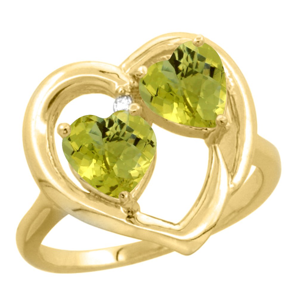 10K Yellow Gold Diamond Two-Stone Heart Ring with 6mm Natural Lemon Quartz - Size 5-10 | Elegant Valentine's Day Gift, Anniversary Jewelry, Romantic Proposal Ring for Her