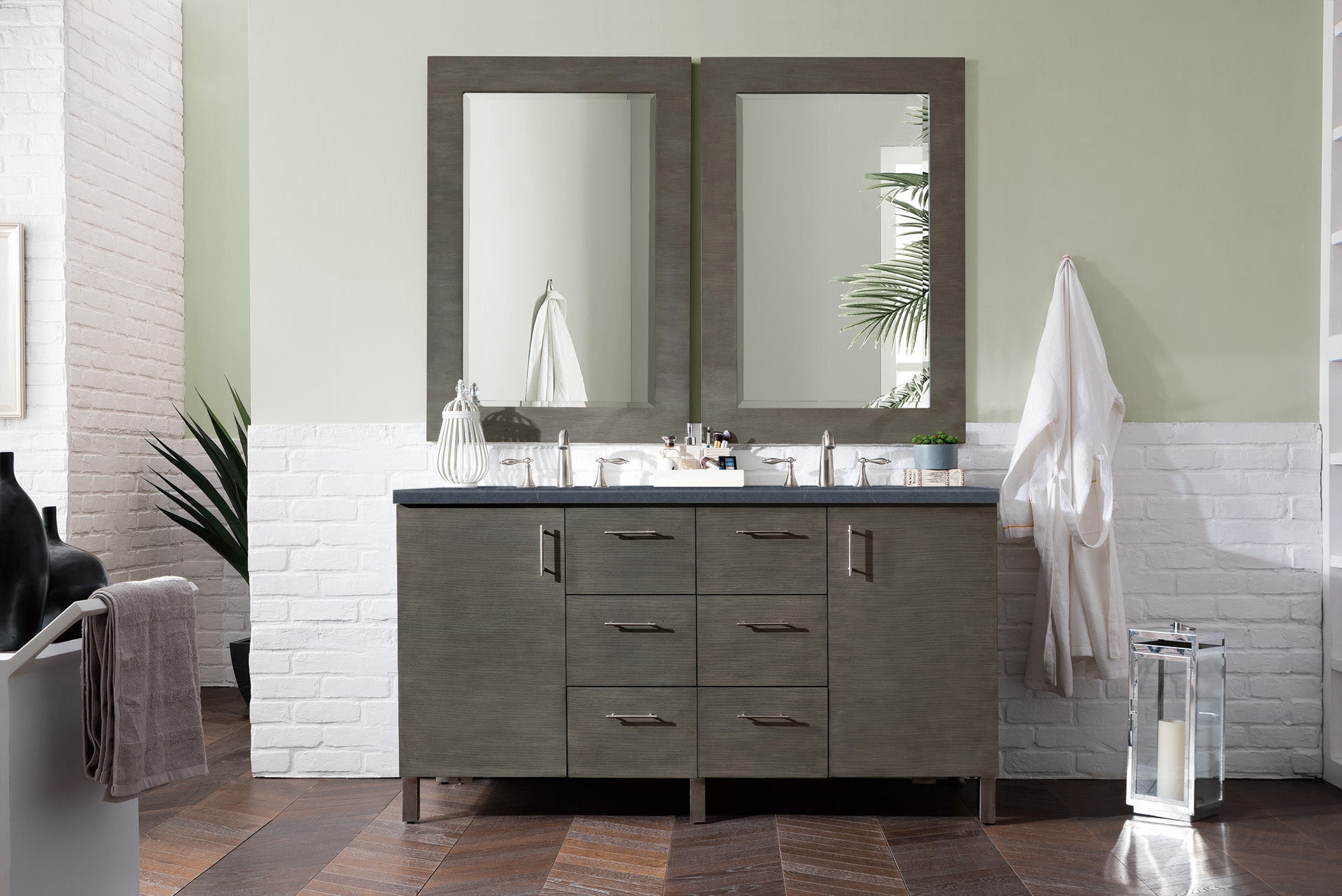 Metropolitan 60 Inch Double Bathroom Vanity in Silver Oak Finish with 3CM Charcoal Soapstone Quartz Countertop - Perfect for Master Bathroom Renovation and Modern Home Decor