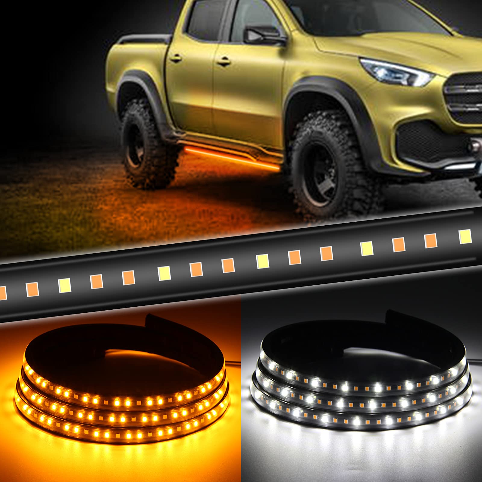48 Inch Truck LED Running Board Lights with Amber Turn Signal & Sequential Side Marker - 2PCs White Flexible Step Strip Courtesy Lights for Extended Crew Cab Pickups | Perfect for Night Driving & Off-Road Adventures