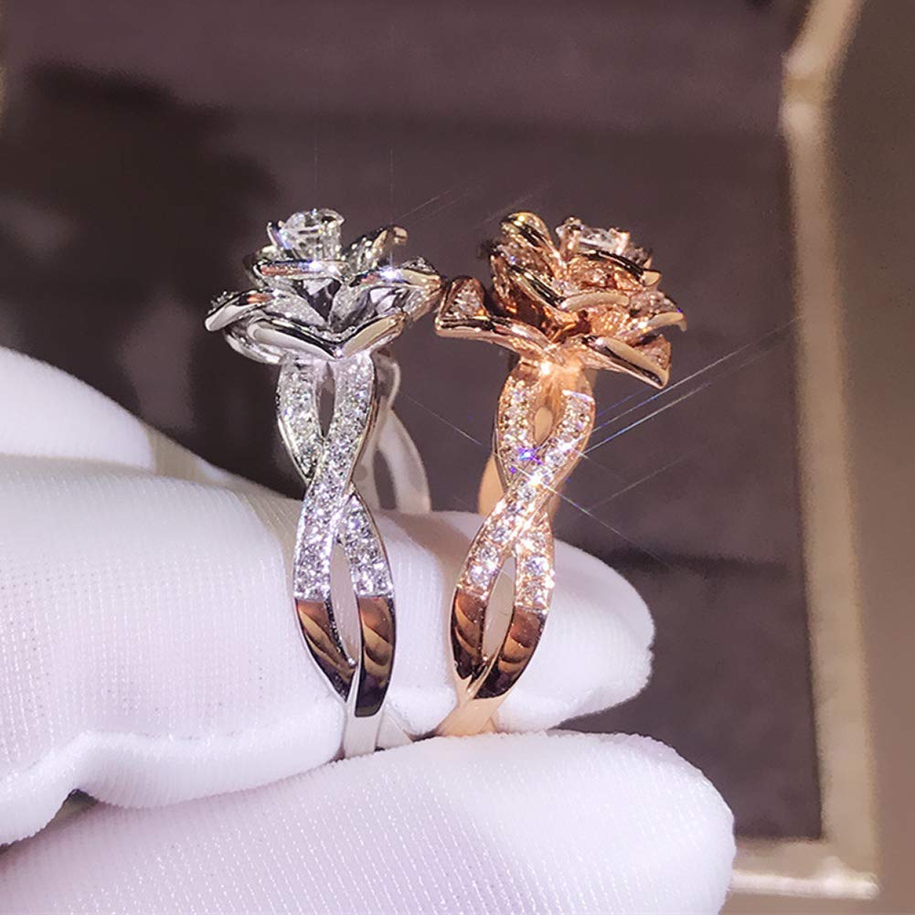 3D Rose Gold CZ Simulated Diamond Flower Ring for Women - Elegant Jewelry Gift for Valentine's Day, Anniversary & Special Occasions