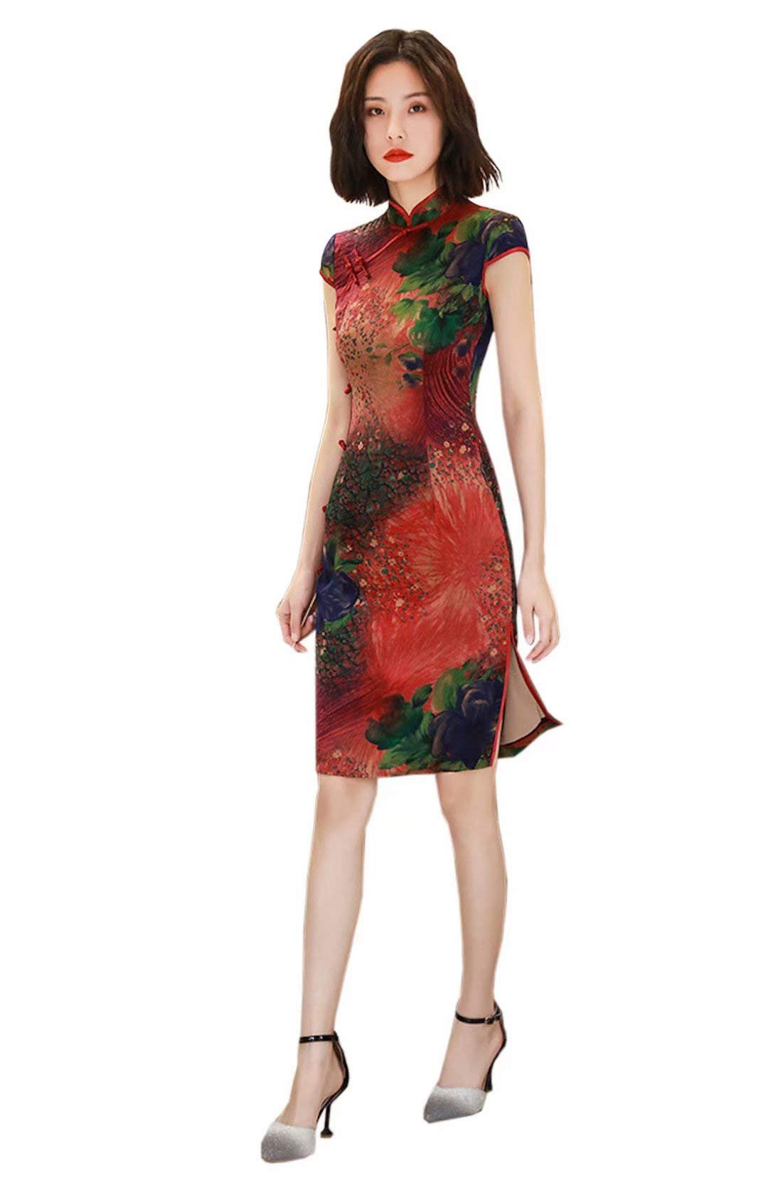 Elegant Silk Qipao Dress - Slim Fit Printed Cheongsam for Women, Red Chinese Traditional Dress for Daily Wear & Party Occasions