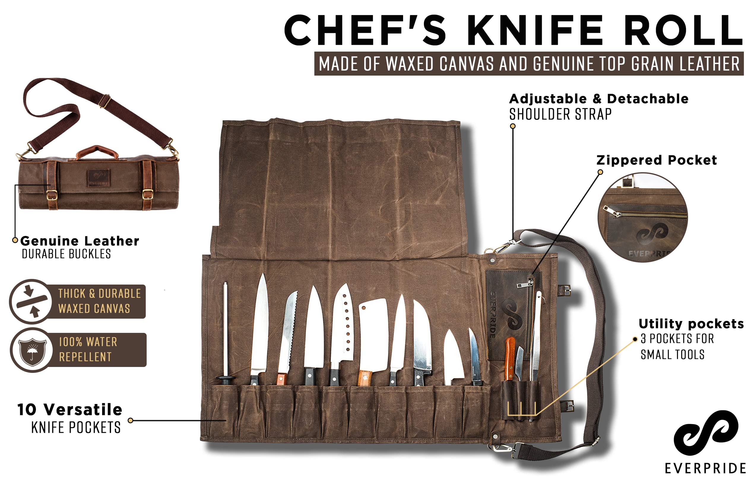 EVERPRIDE Professional Chef Knife Roll Bag with Knife Guard Set - 10-Piece Canvas & Leather Knife Storage for Chefs - Felt-Lined BPA-Free Sheaths (Knives Not Included) - Perfect for Culinary School, Restaurant Kitchens & Home Cooking