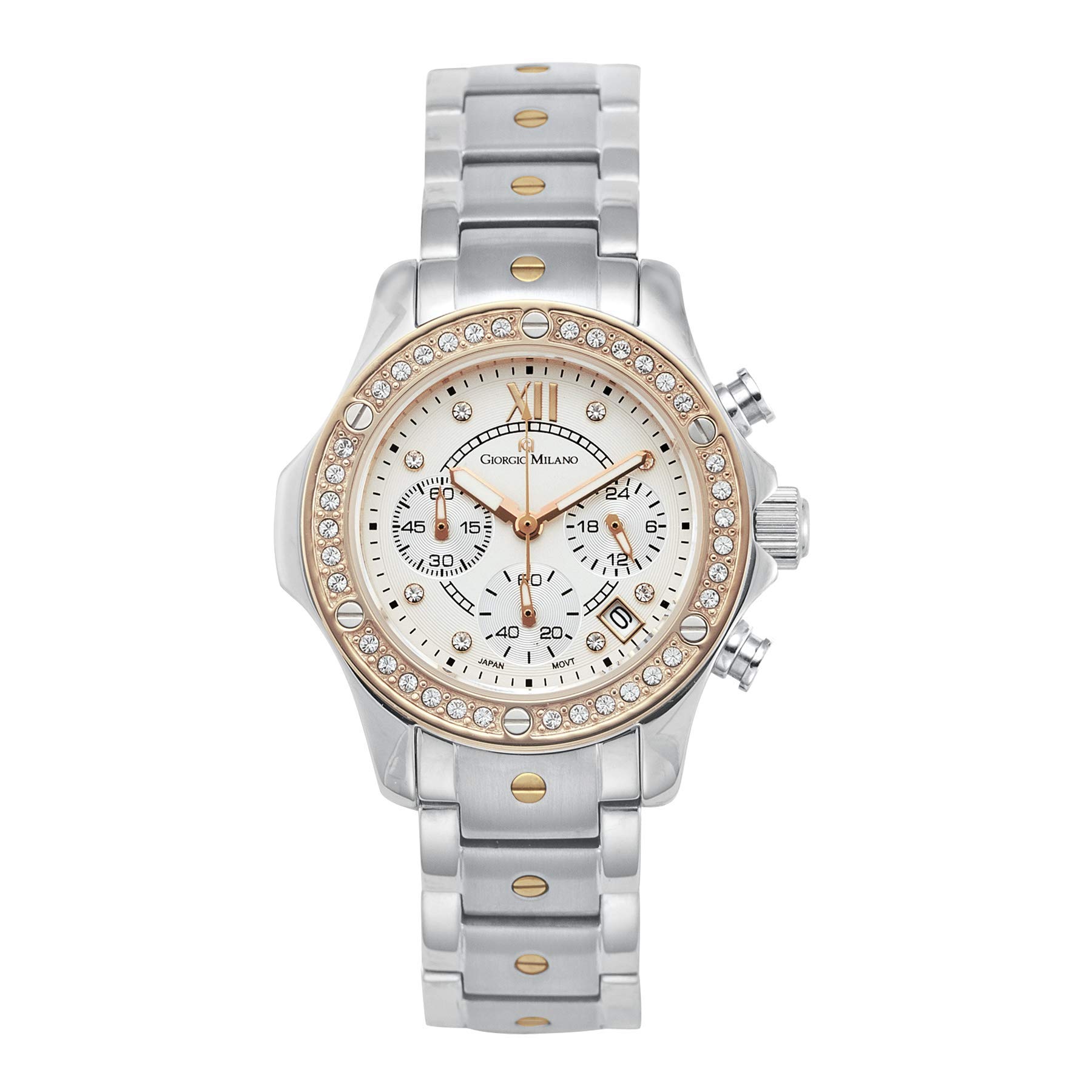 Giorgio Milano Women's Gold Watch 'Clara' - Round Stainless Steel Case with Gemstones, Roman Numeral Dial, Date Window & 3 Sub-Dials | Elegant Dress Watch for Women, Perfect for Office, Parties & Special Occasions