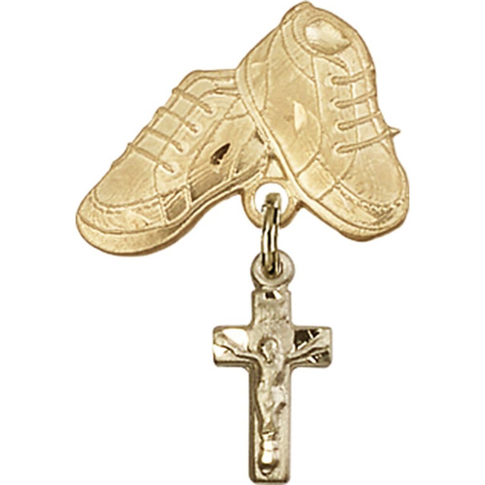 Gold Filled Baby Badge with Crucifix Charm & Baby Boots Pin - 1 X 5/8 Inch Religious Jewelry for Christening, Baptism Gifts & Newborn Keepsakes