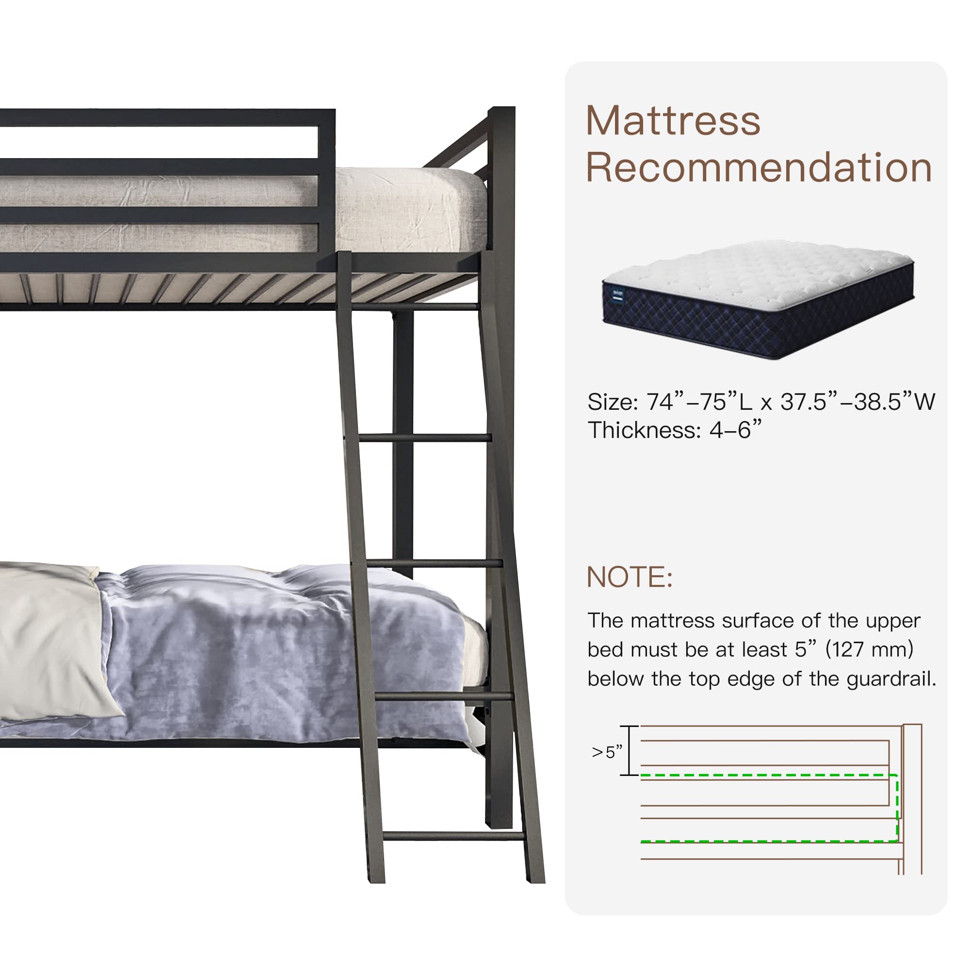 ikalido Metal Loft Bunk Bed Twin Over Twin Size with Safety Guardrail & Ladder - Space Saving Bedroom Furniture, No Box Spring Needed - Cream White - Perfect for Kids Rooms, Dorms & Small Apartments